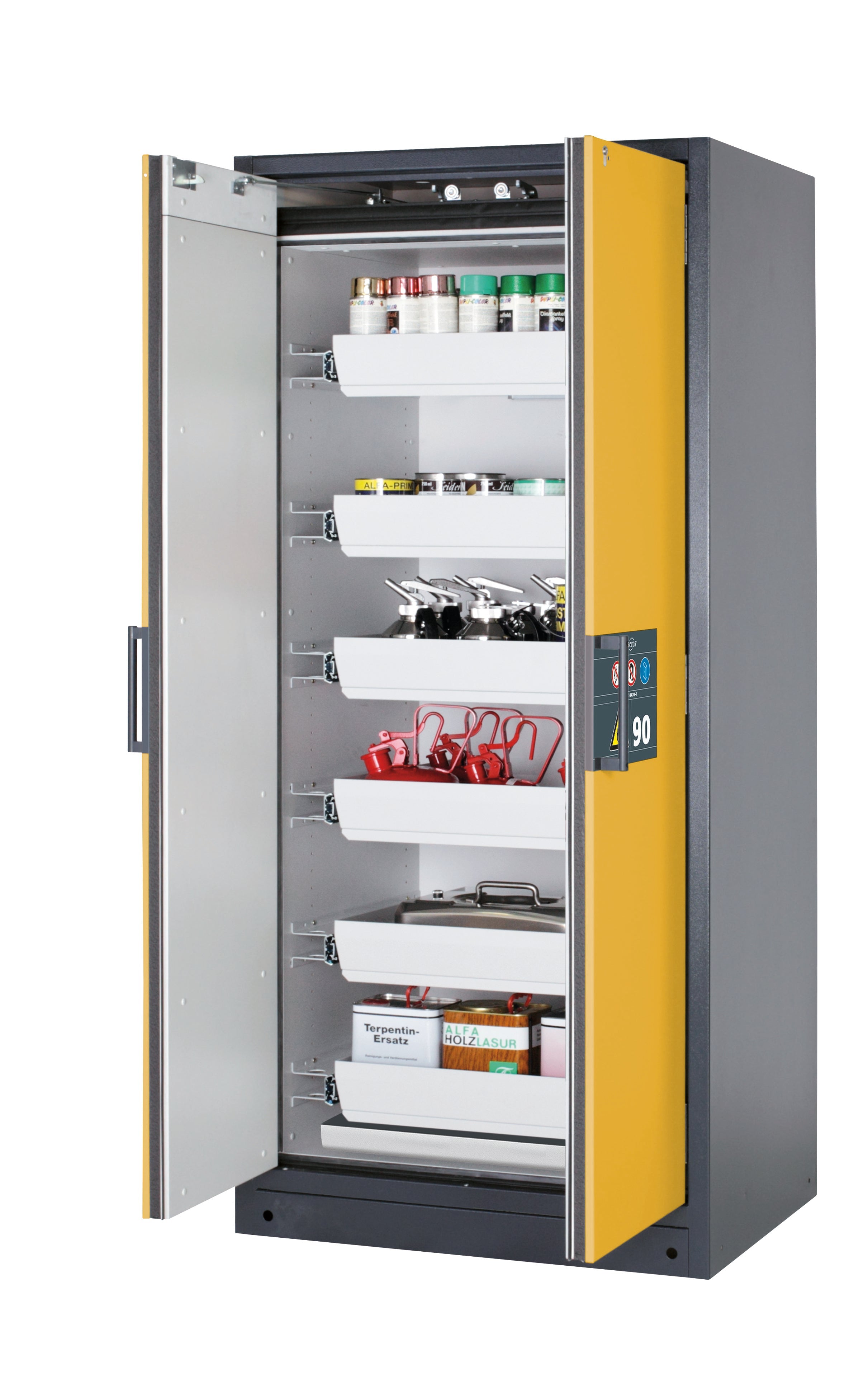 Type 90 safety storage cabinet Q-CLASSIC-90 model Q90.195.090 in warning yellow RAL 1004 with 6x drawer (standard) (sheet steel),