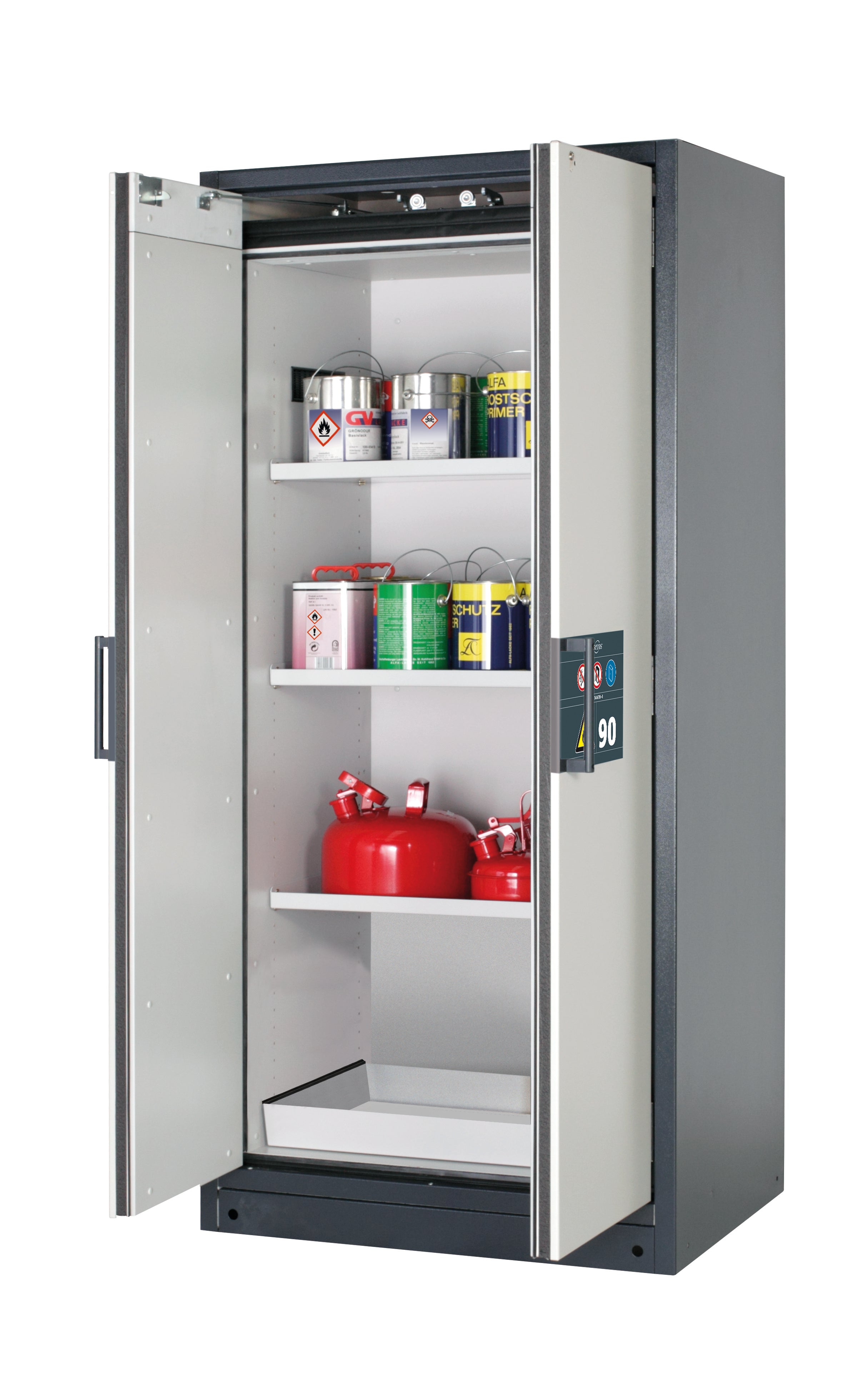 Type 90 safety storage cabinet Q-CLASSIC-90 model Q90.195.090 in light grey RAL 7035 with 3x shelf standard (sheet steel),