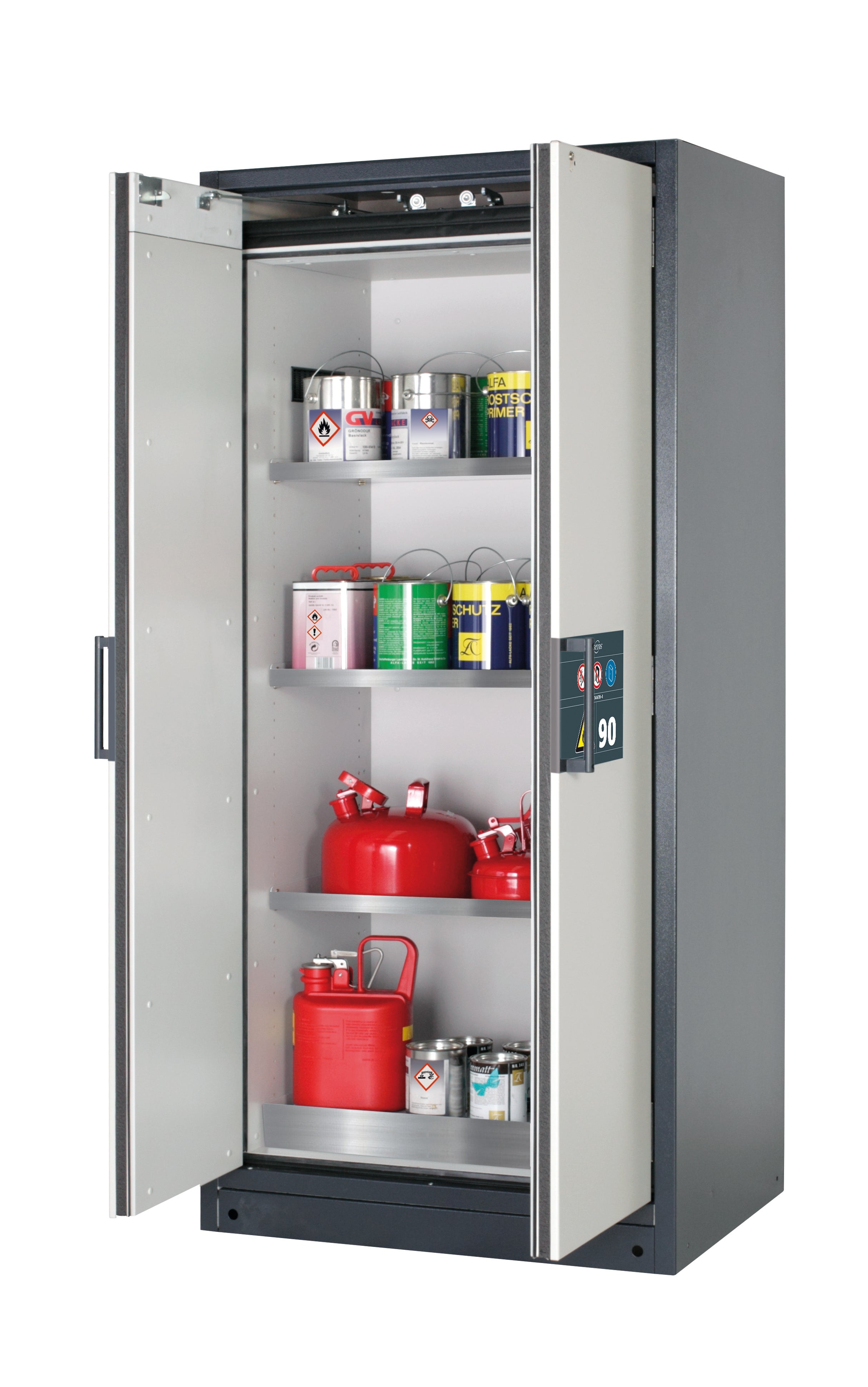 Type 90 safety storage cabinet Q-CLASSIC-90 model Q90.195.090 in light grey RAL 7035 with 3x shelf standard (stainless steel 1.4301),