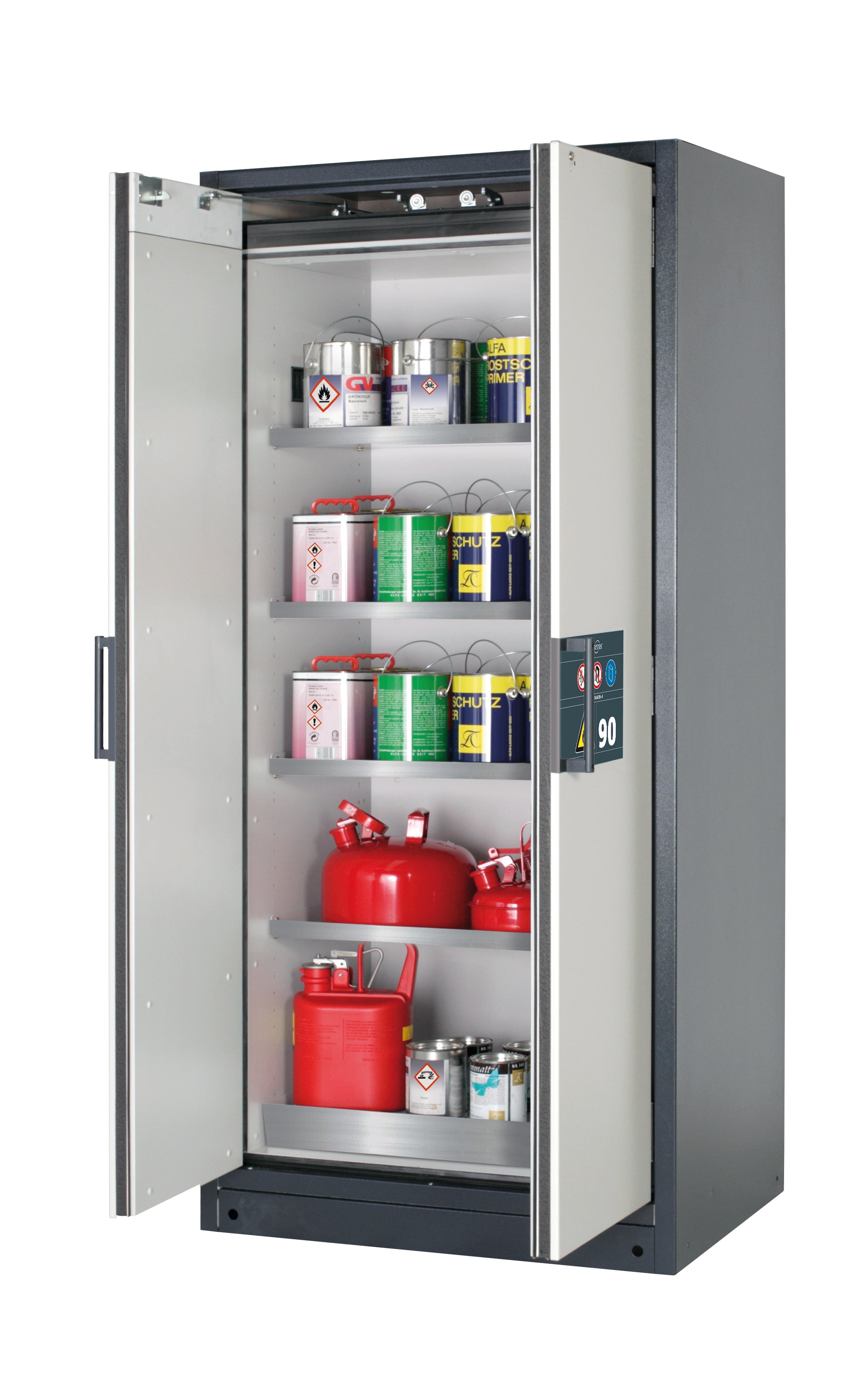 Type 90 safety storage cabinet Q-CLASSIC-90 model Q90.195.090 in light grey RAL 7035 with 4x shelf standard (stainless steel 1.4301),
