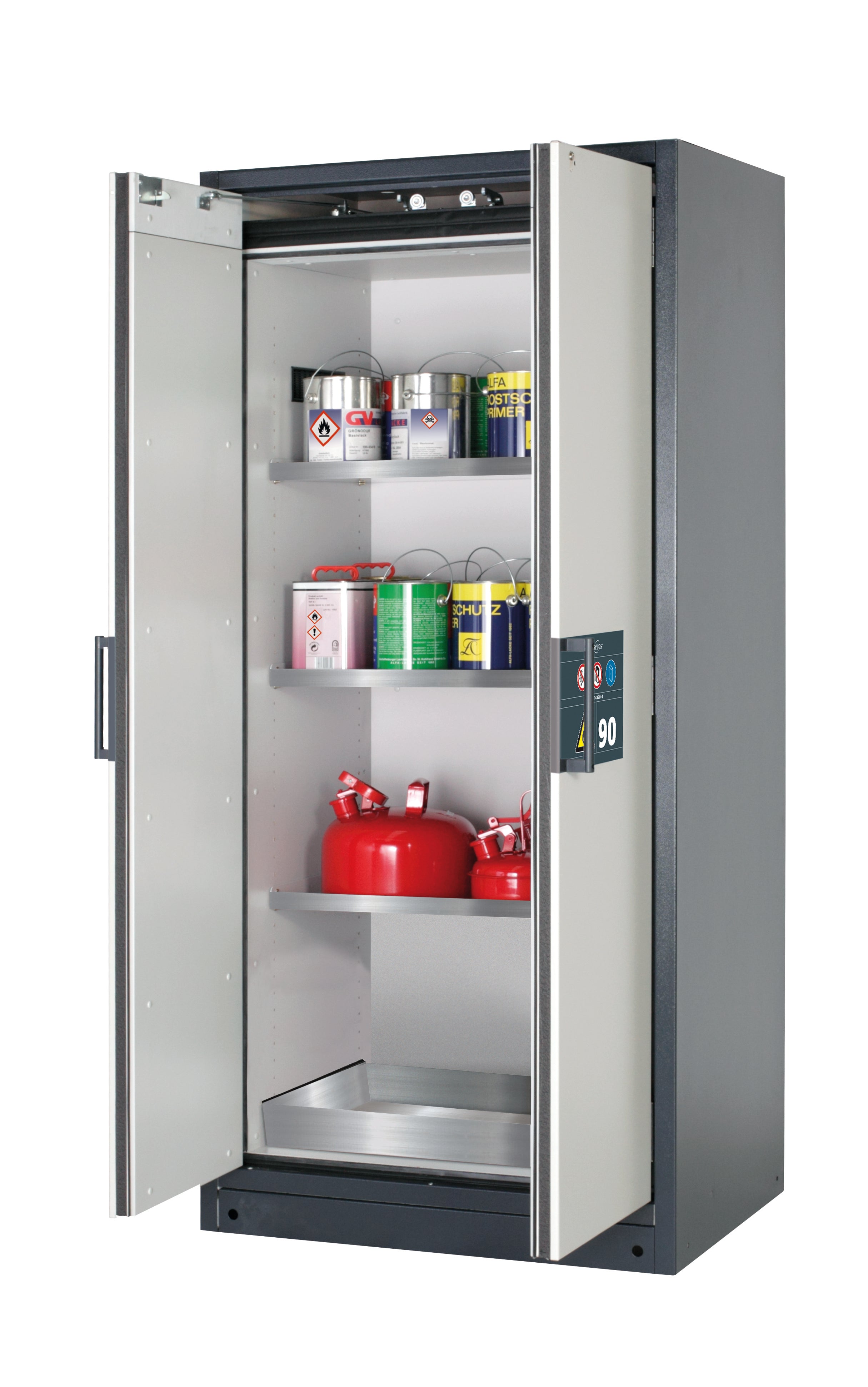 Type 90 safety storage cabinet Q-CLASSIC-90 model Q90.195.090 in light grey RAL 7035 with 3x shelf standard (stainless steel 1.4301),