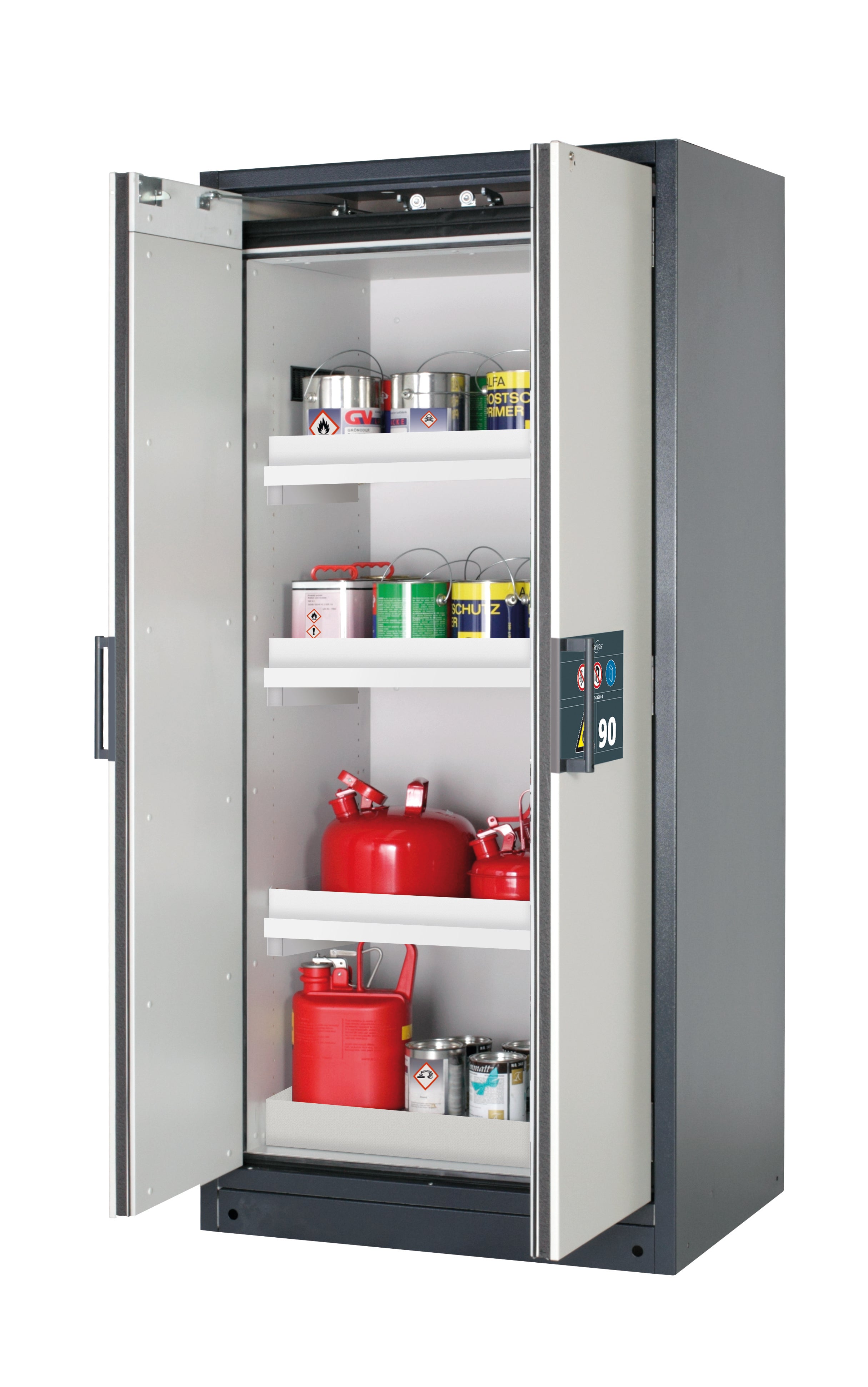 Type 90 safety storage cabinet Q-CLASSIC-90 model Q90.195.090 in light grey RAL 7035 with 3x tray shelf (standard) (polypropylene),