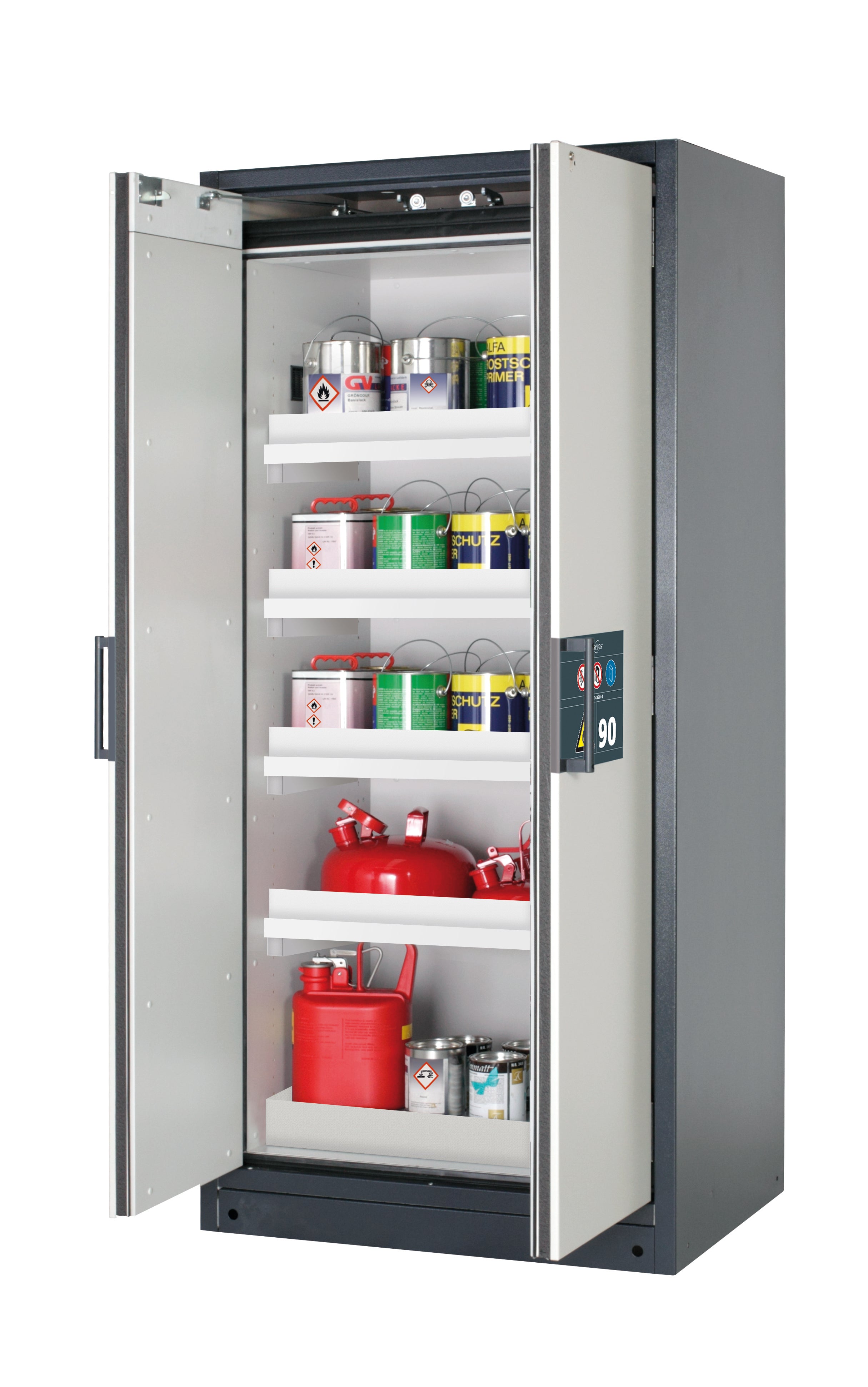 Type 90 safety storage cabinet Q-CLASSIC-90 model Q90.195.090 in light grey RAL 7035 with 4x tray shelf (standard) (polypropylene),