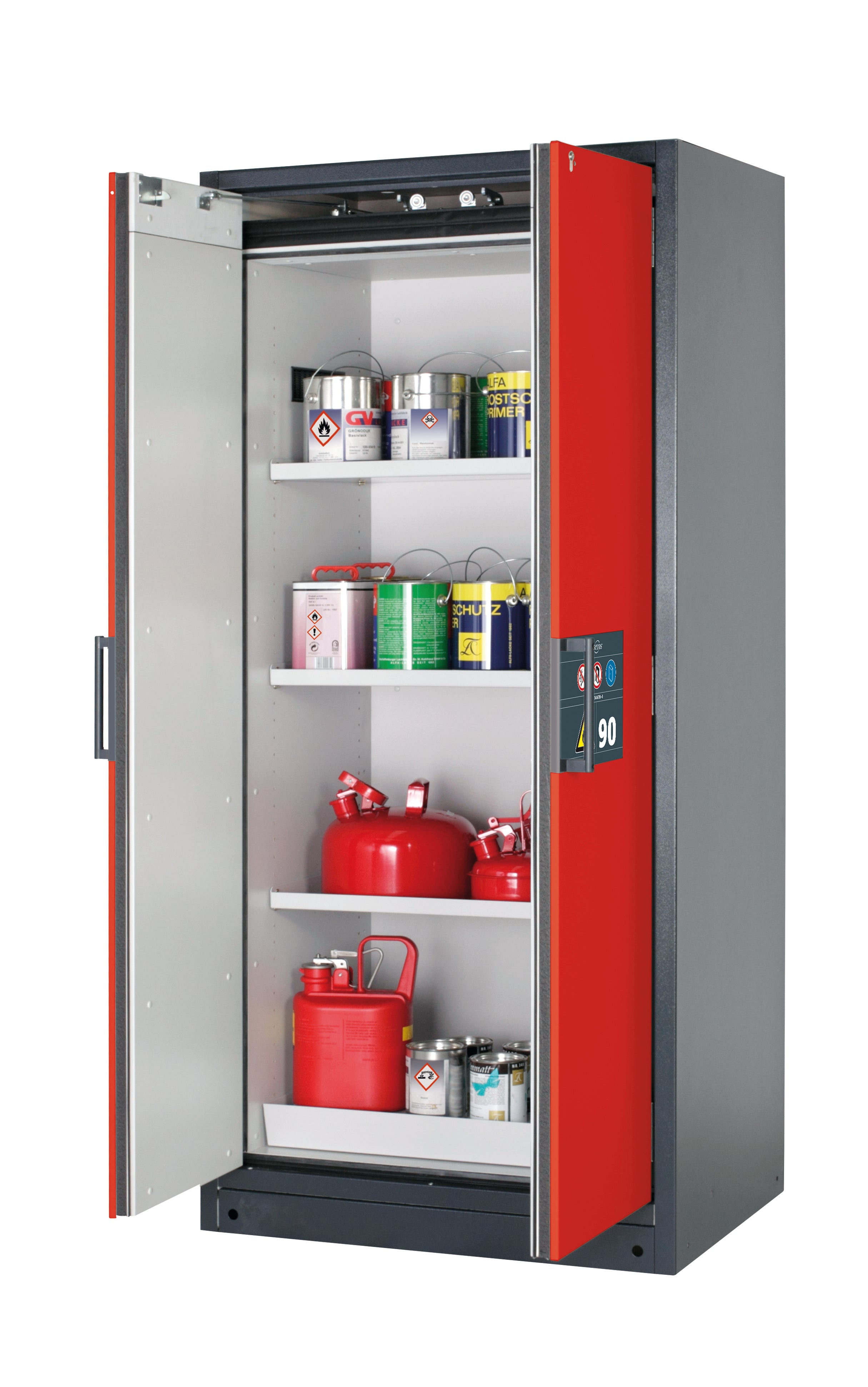Type 90 safety storage cabinet Q-CLASSIC-90 model Q90.195.090 in traffic red RAL 3020 with 3x shelf standard (sheet steel),