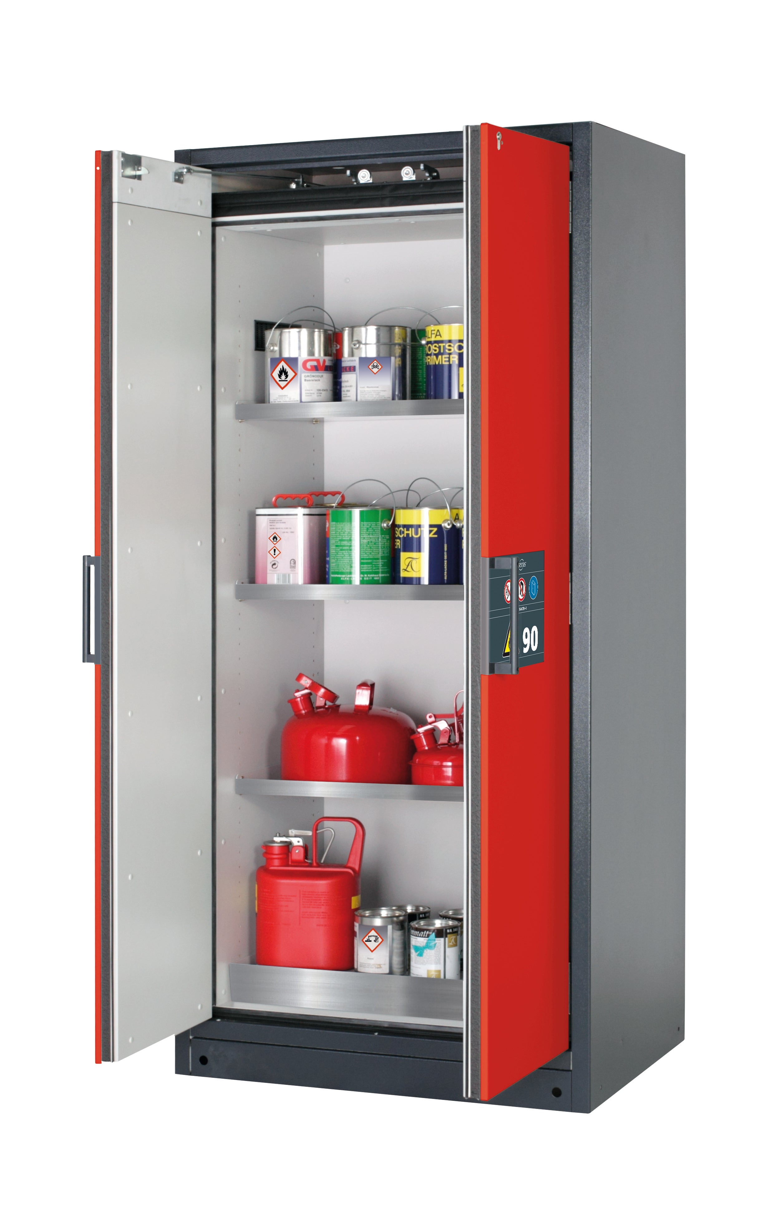 Type 90 safety storage cabinet Q-CLASSIC-90 model Q90.195.090 in traffic red RAL 3020 with 3x shelf standard (stainless steel 1.4301),