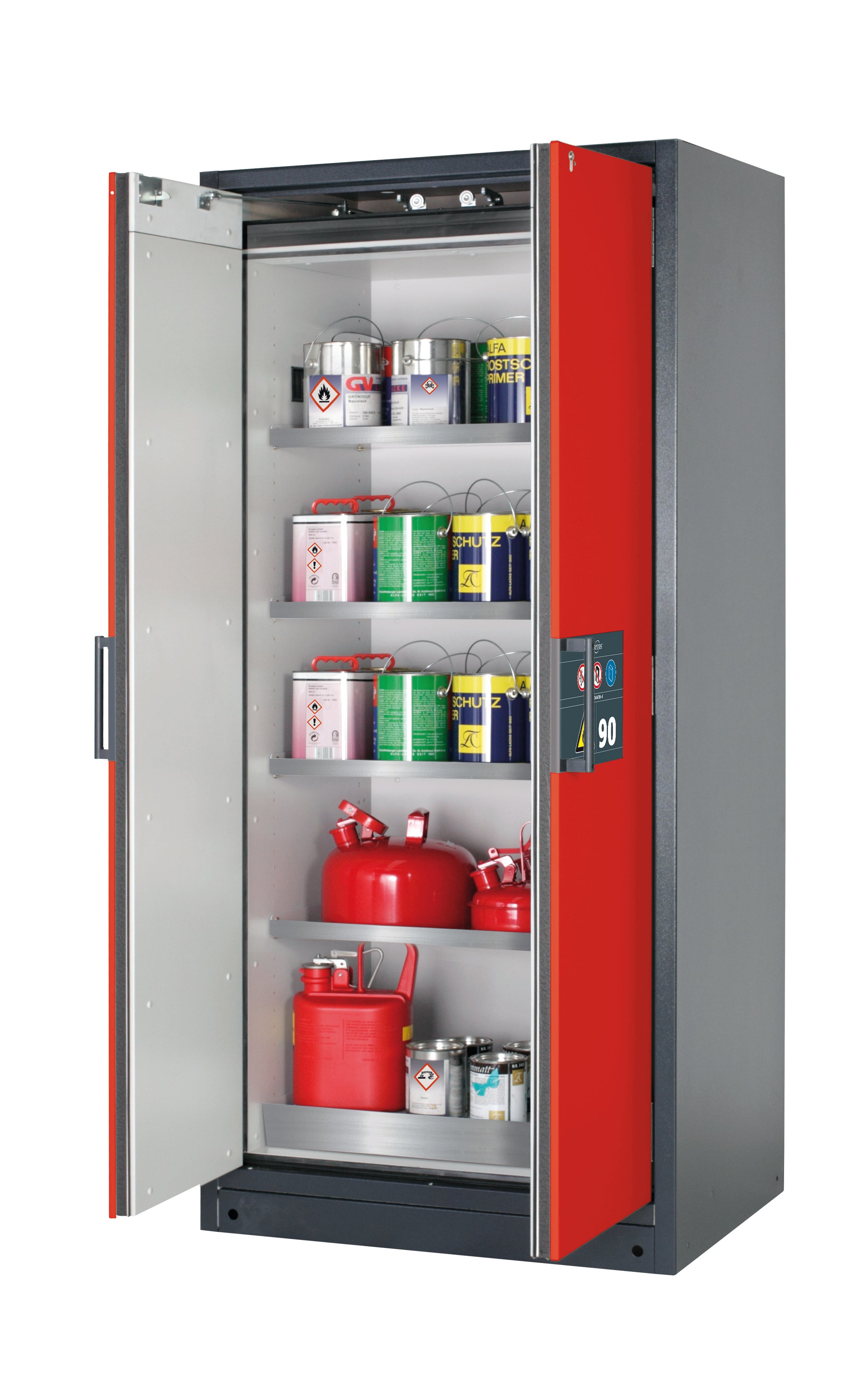 Type 90 safety storage cabinet Q-CLASSIC-90 model Q90.195.090 in traffic red RAL 3020 with 4x shelf standard (stainless steel 1.4301),