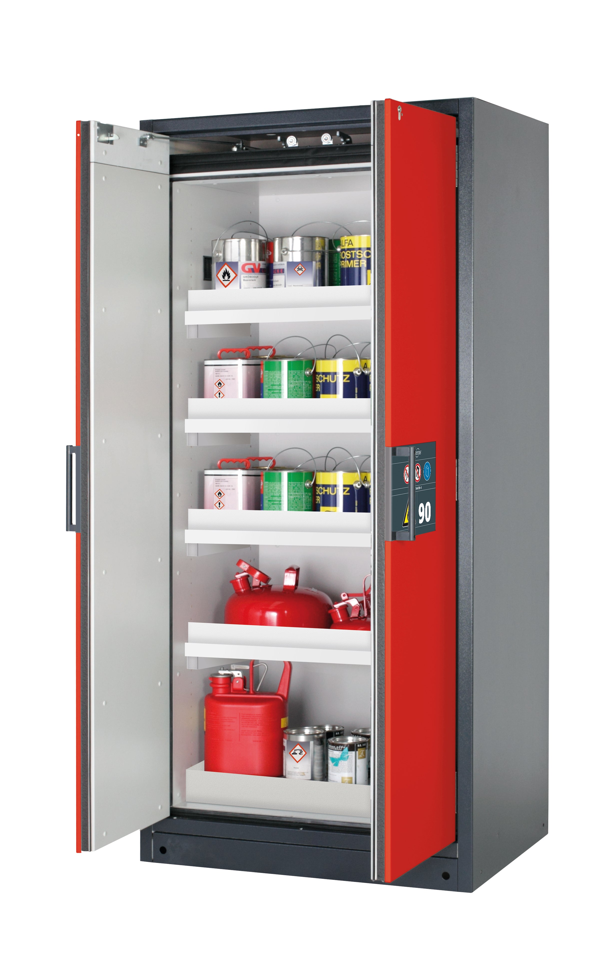 Type 90 safety storage cabinet Q-CLASSIC-90 model Q90.195.090 in traffic red RAL 3020 with 4x tray shelf (standard) (polypropylene),