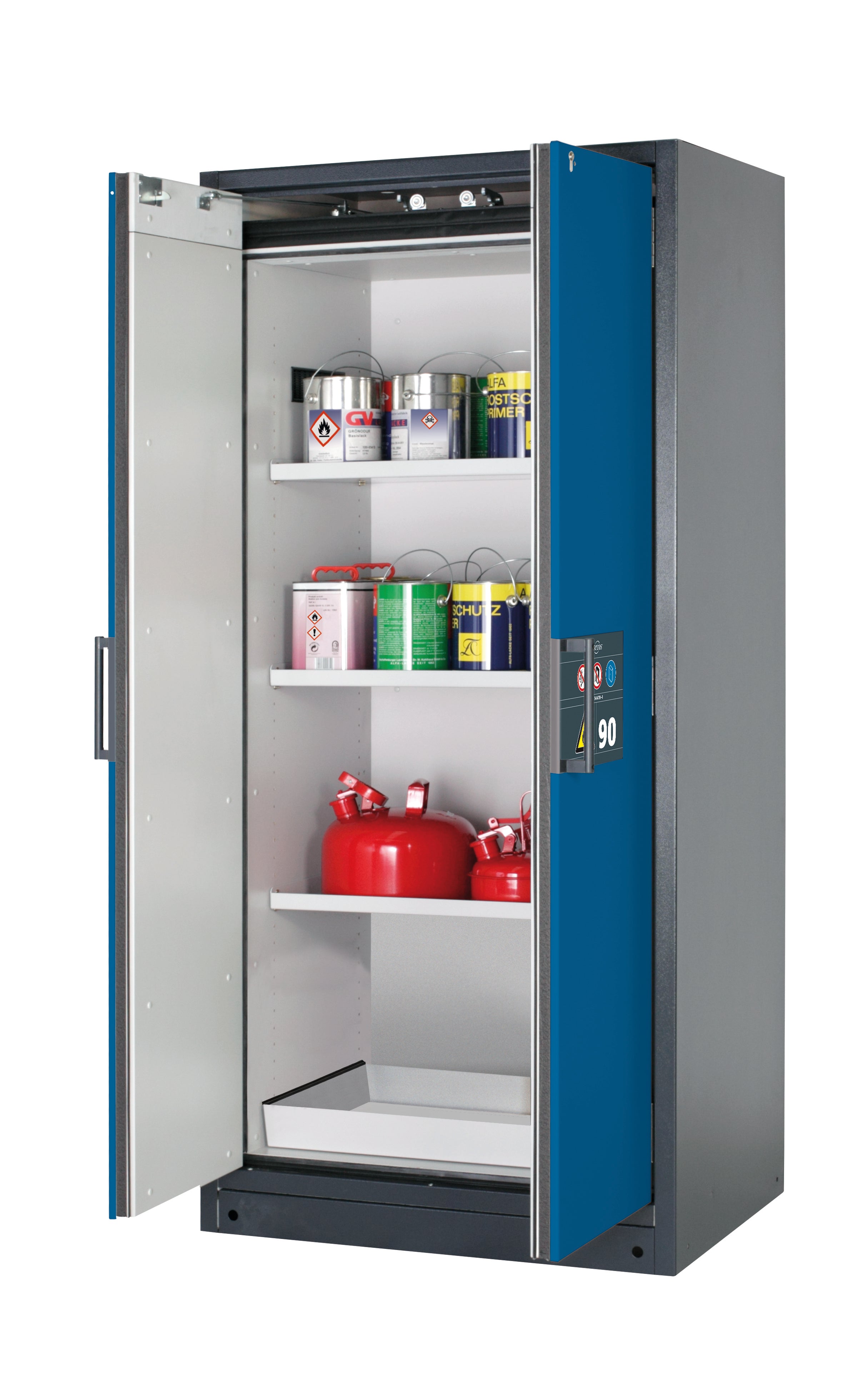 Type 90 safety storage cabinet Q-CLASSIC-90 model Q90.195.090 in gentian blue RAL 5010 with 3x shelf standard (sheet steel),