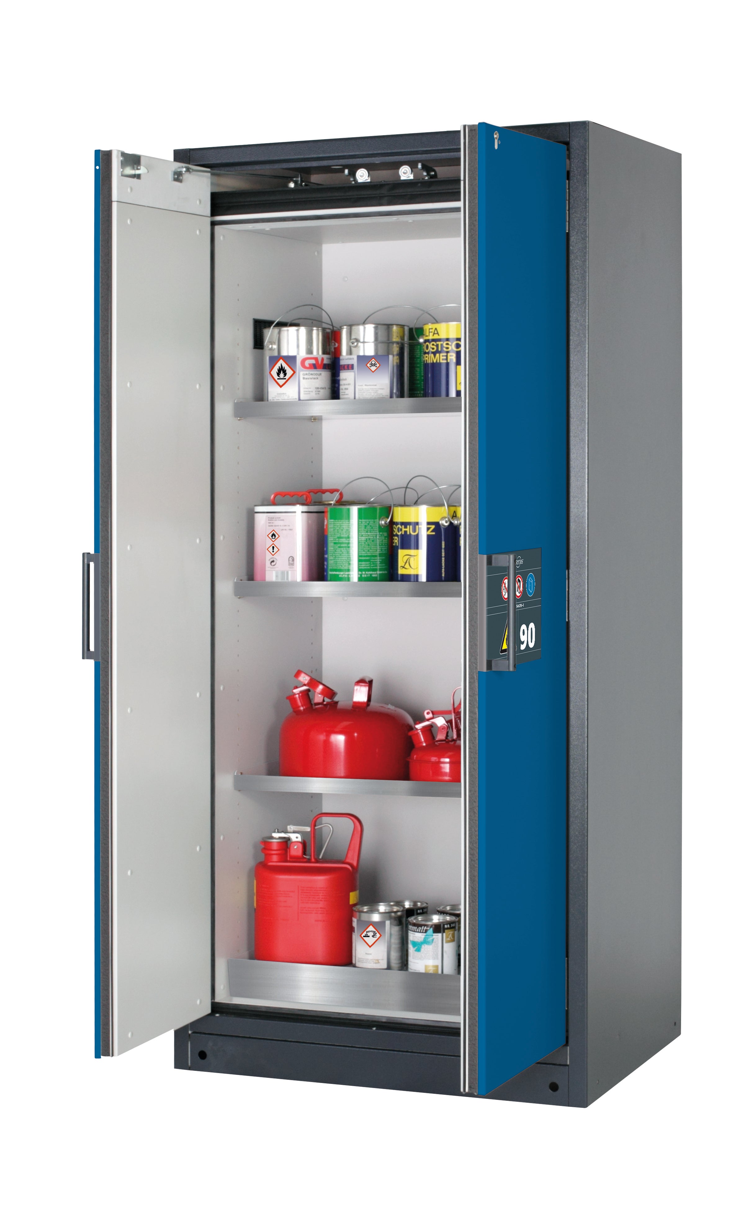 Type 90 safety storage cabinet Q-CLASSIC-90 model Q90.195.090 in gentian blue RAL 5010 with 3x shelf standard (stainless steel 1.4301),