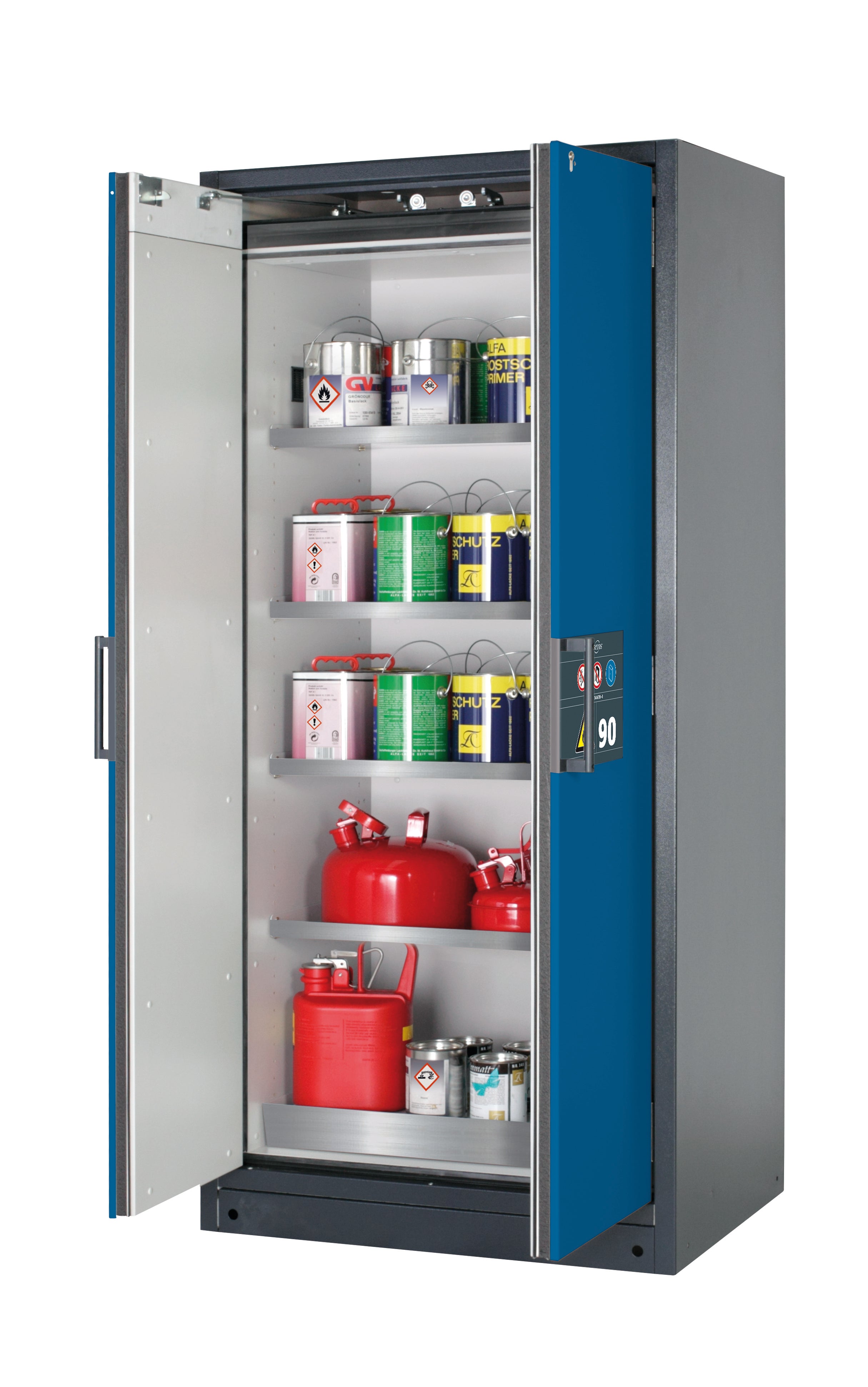 Type 90 safety storage cabinet Q-CLASSIC-90 model Q90.195.090 in gentian blue RAL 5010 with 4x shelf standard (stainless steel 1.4301),