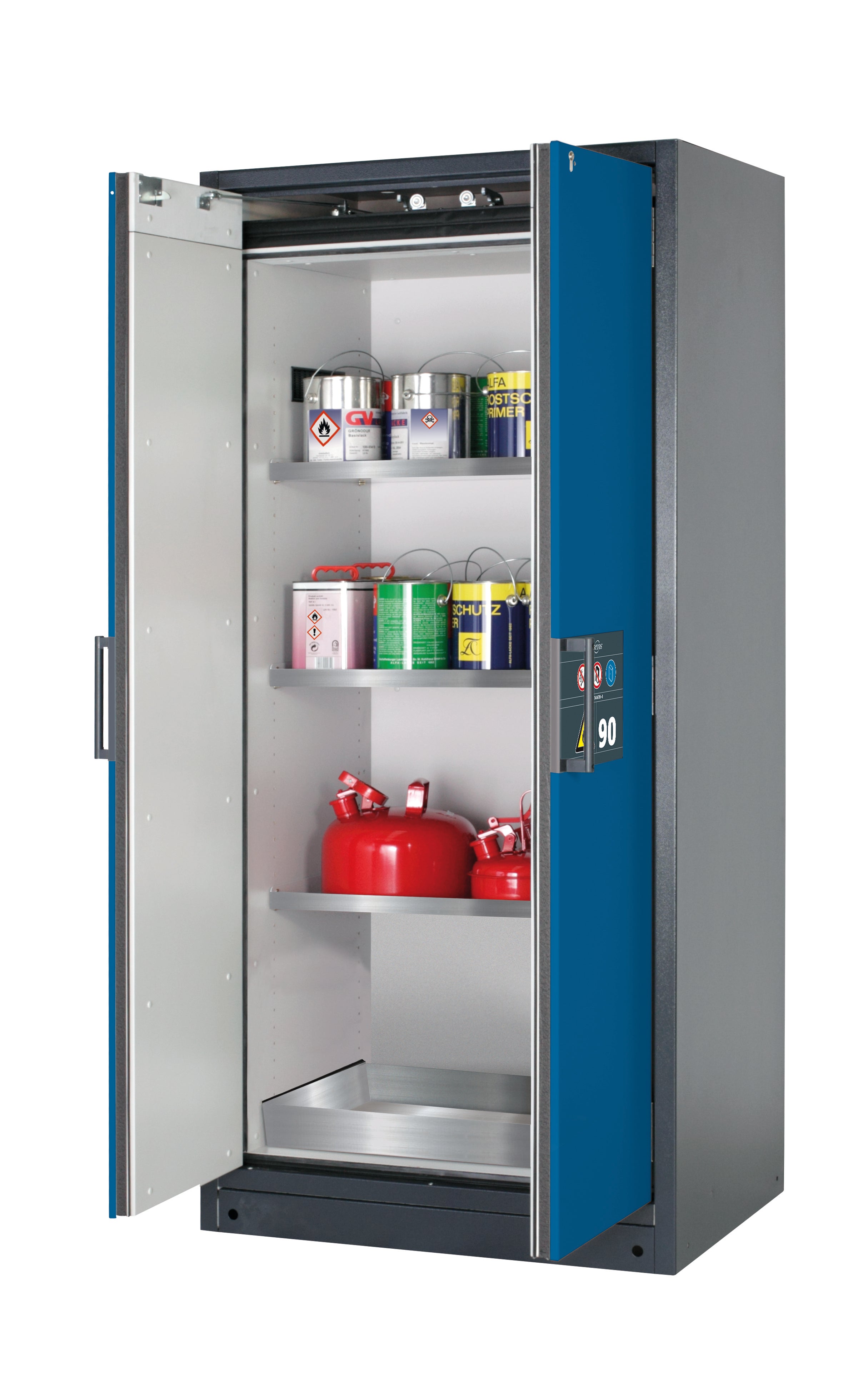 Type 90 safety storage cabinet Q-CLASSIC-90 model Q90.195.090 in gentian blue RAL 5010 with 3x shelf standard (stainless steel 1.4301),