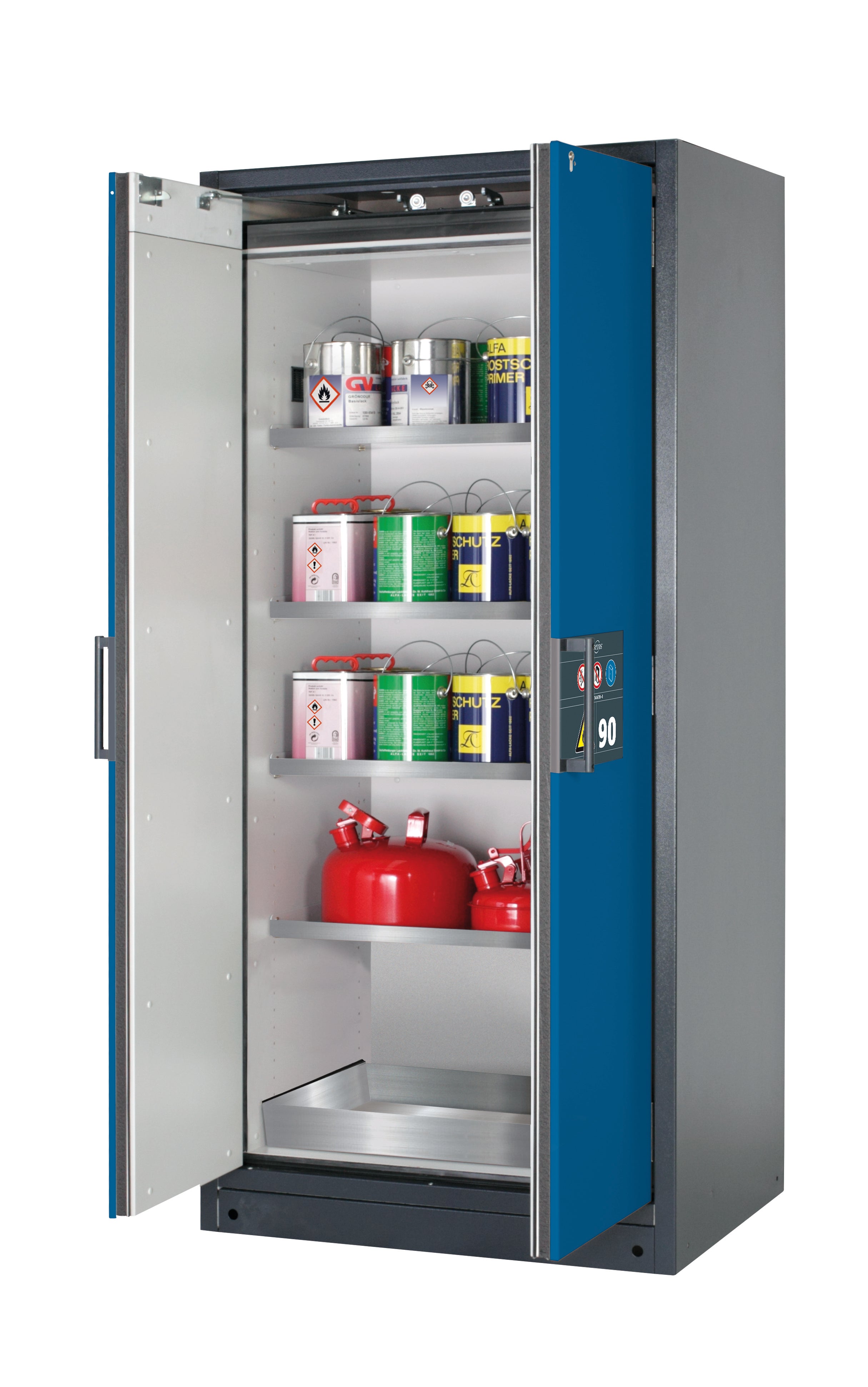 Type 90 safety storage cabinet Q-CLASSIC-90 model Q90.195.090 in gentian blue RAL 5010 with 4x shelf standard (stainless steel 1.4301),