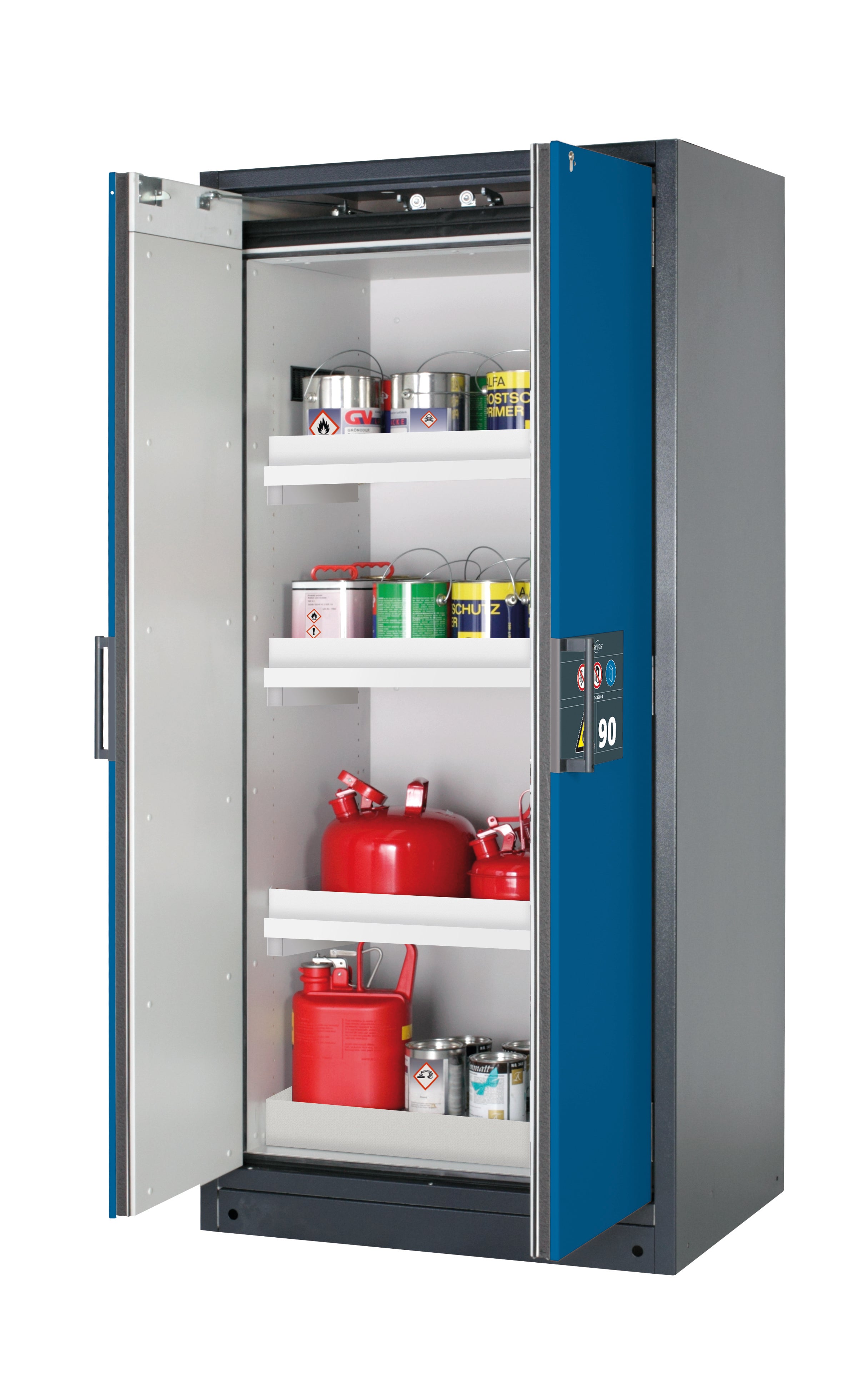 Type 90 safety storage cabinet Q-CLASSIC-90 model Q90.195.090 in gentian blue RAL 5010 with 3x tray shelf (standard) (polypropylene),