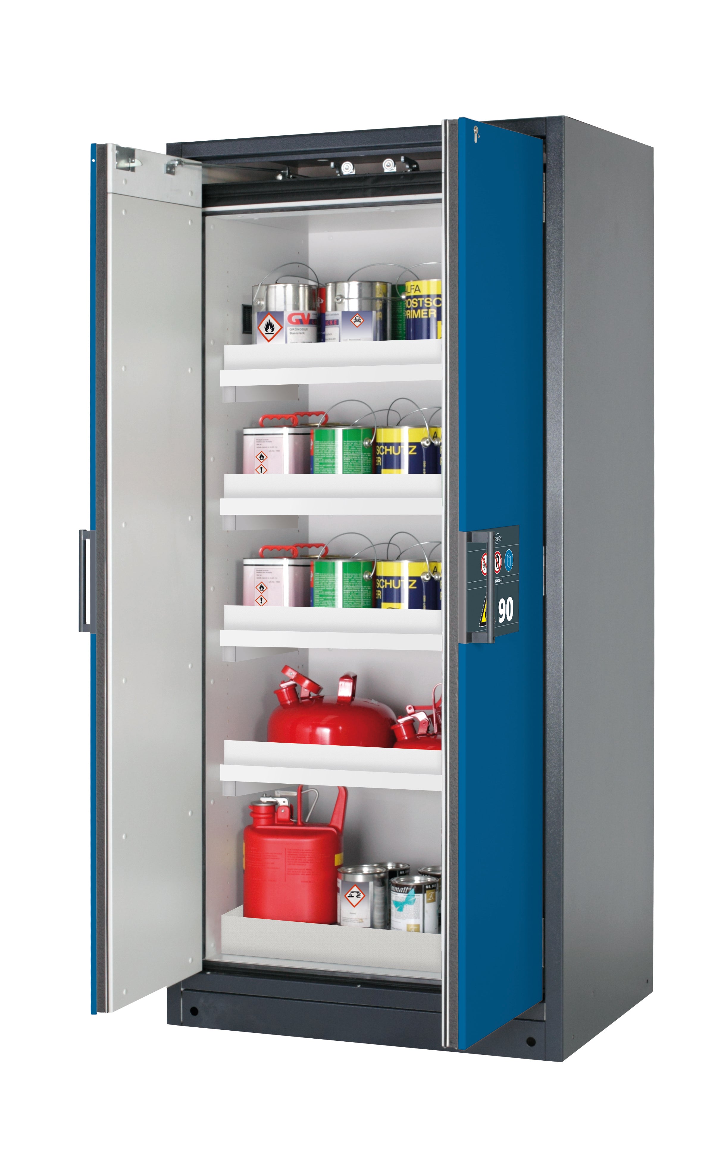 Type 90 safety storage cabinet Q-CLASSIC-90 model Q90.195.090 in gentian blue RAL 5010 with 4x tray shelf (standard) (polypropylene),