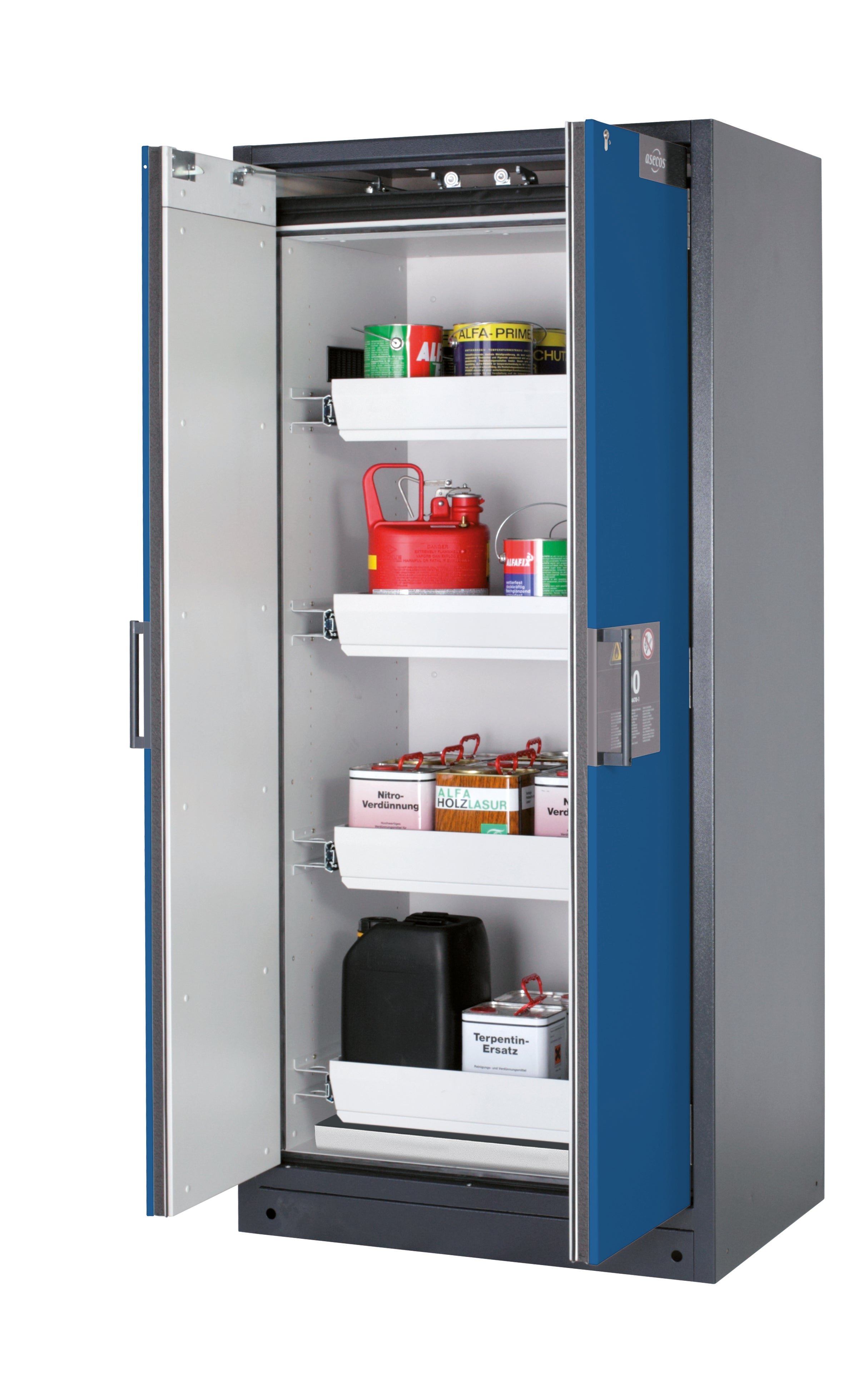 Type 90 safety storage cabinet Q-CLASSIC-90 model Q90.195.090 in gentian blue RAL 5010 with 4x drawer (standard) (sheet steel),