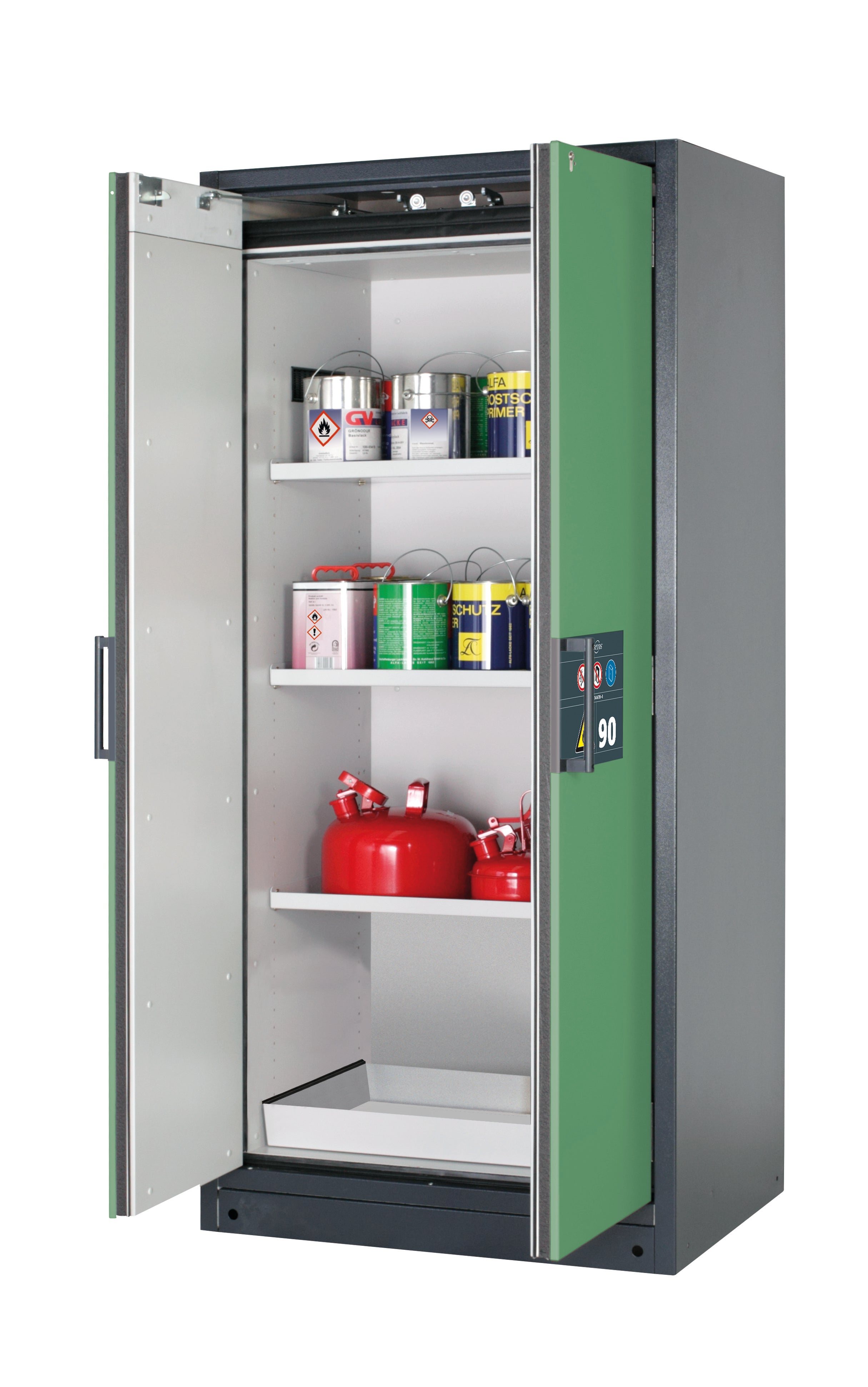 Type 90 safety storage cabinet Q-CLASSIC-90 model Q90.195.090 in reseda green RAL 6011 with 3x shelf standard (sheet steel),