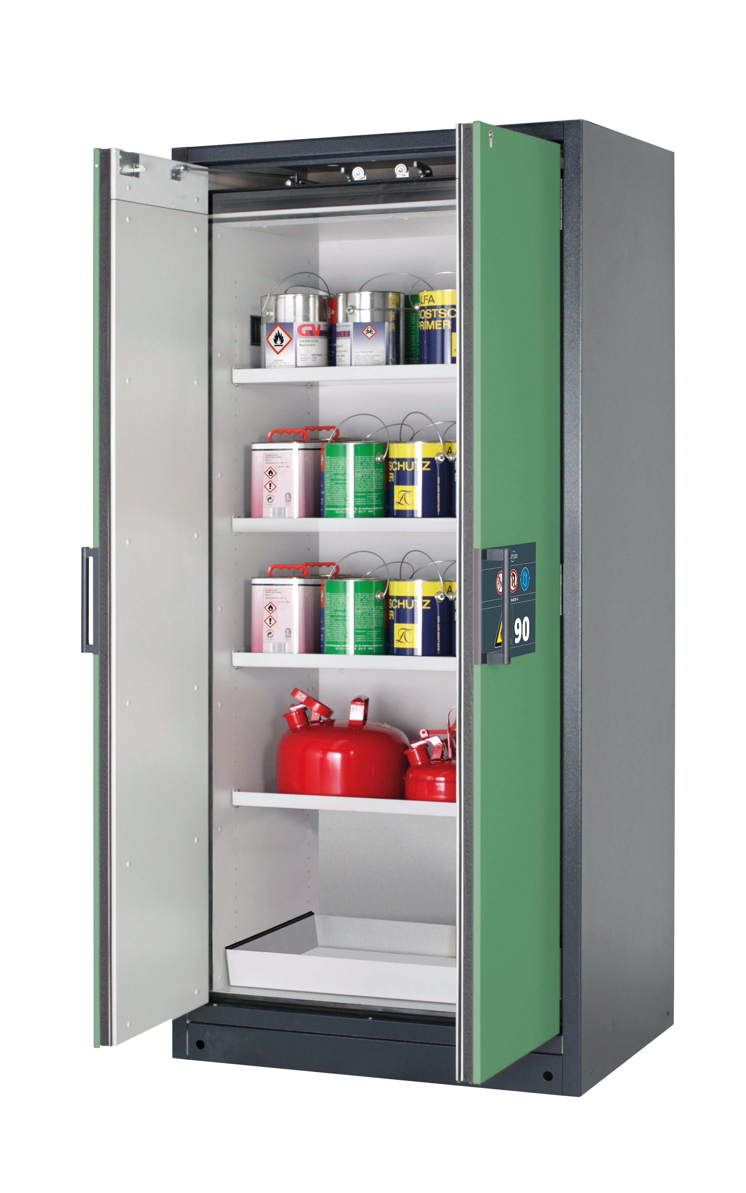Type 90 safety storage cabinet Q-CLASSIC-90 model Q90.195.090 in reseda green RAL 6011 with 4x shelf standard (sheet steel),