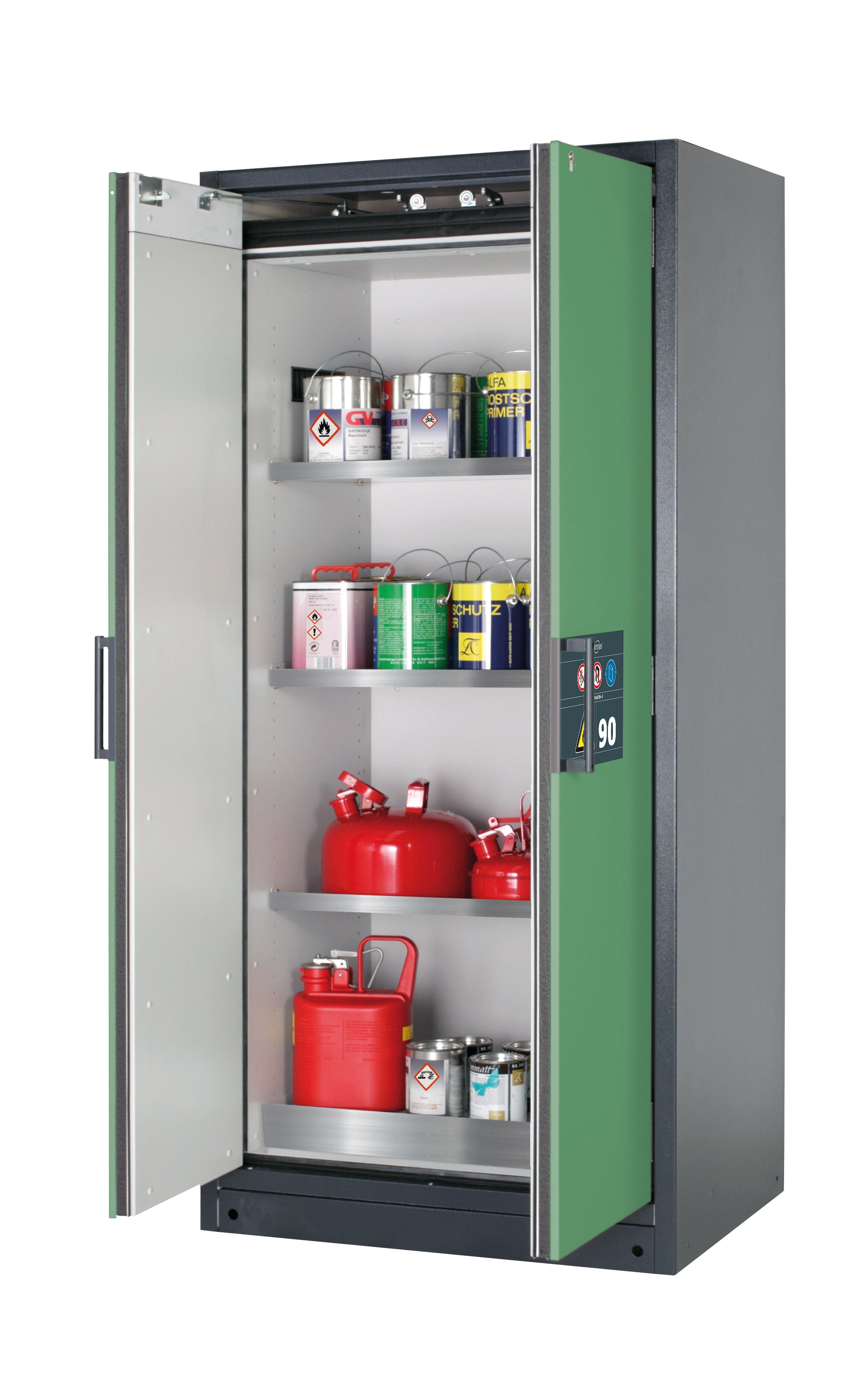 Type 90 safety storage cabinet Q-CLASSIC-90 model Q90.195.090 in reseda green RAL 6011 with 3x shelf standard (stainless steel 1.4301),