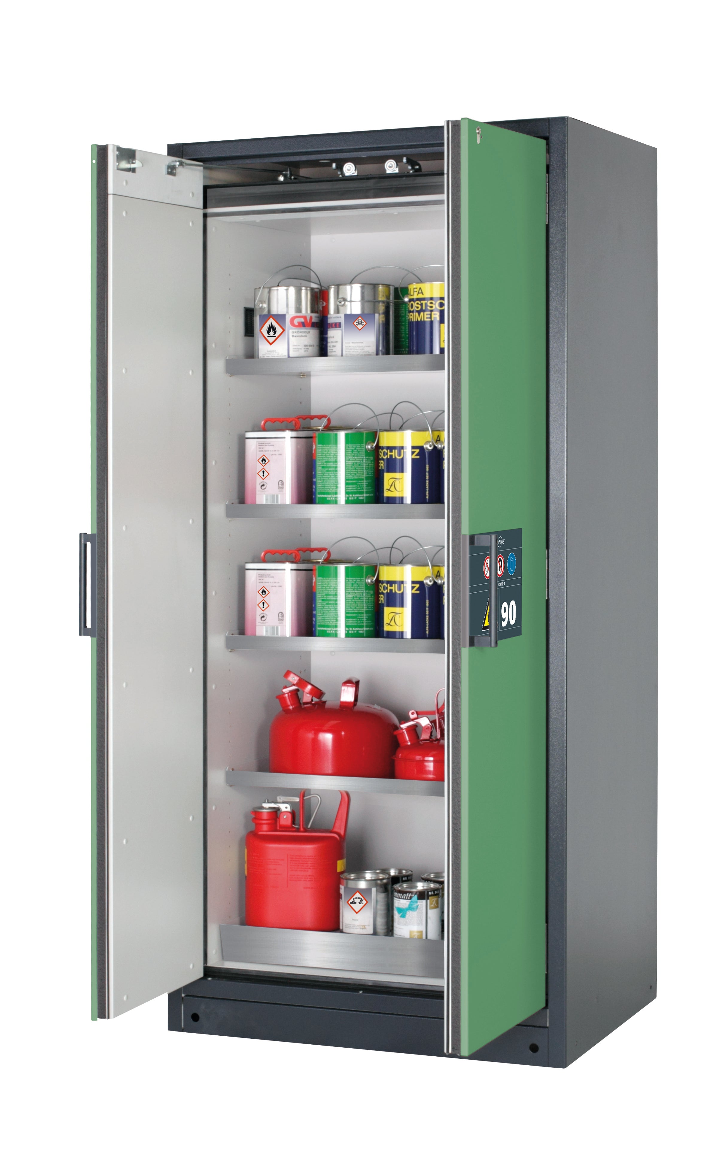 Type 90 safety storage cabinet Q-CLASSIC-90 model Q90.195.090 in reseda green RAL 6011 with 4x shelf standard (stainless steel 1.4301),