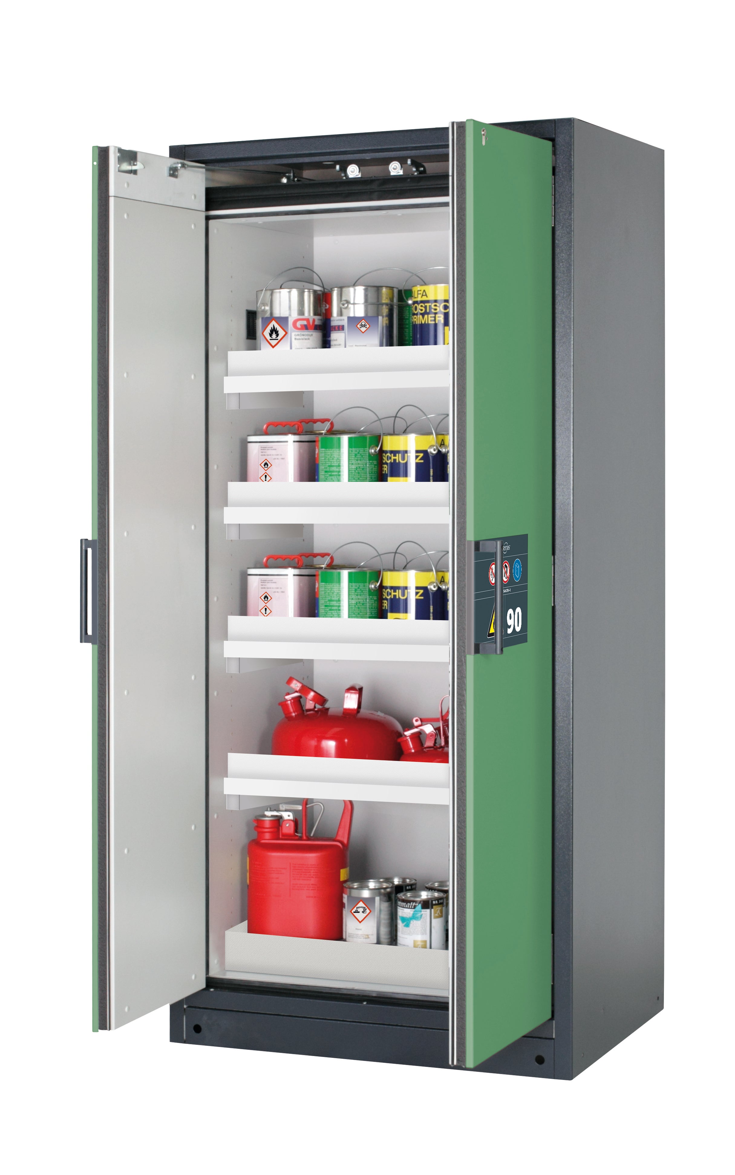 Type 90 safety storage cabinet Q-CLASSIC-90 model Q90.195.090 in reseda green RAL 6011 with 4x tray shelf (standard) (polypropylene),
