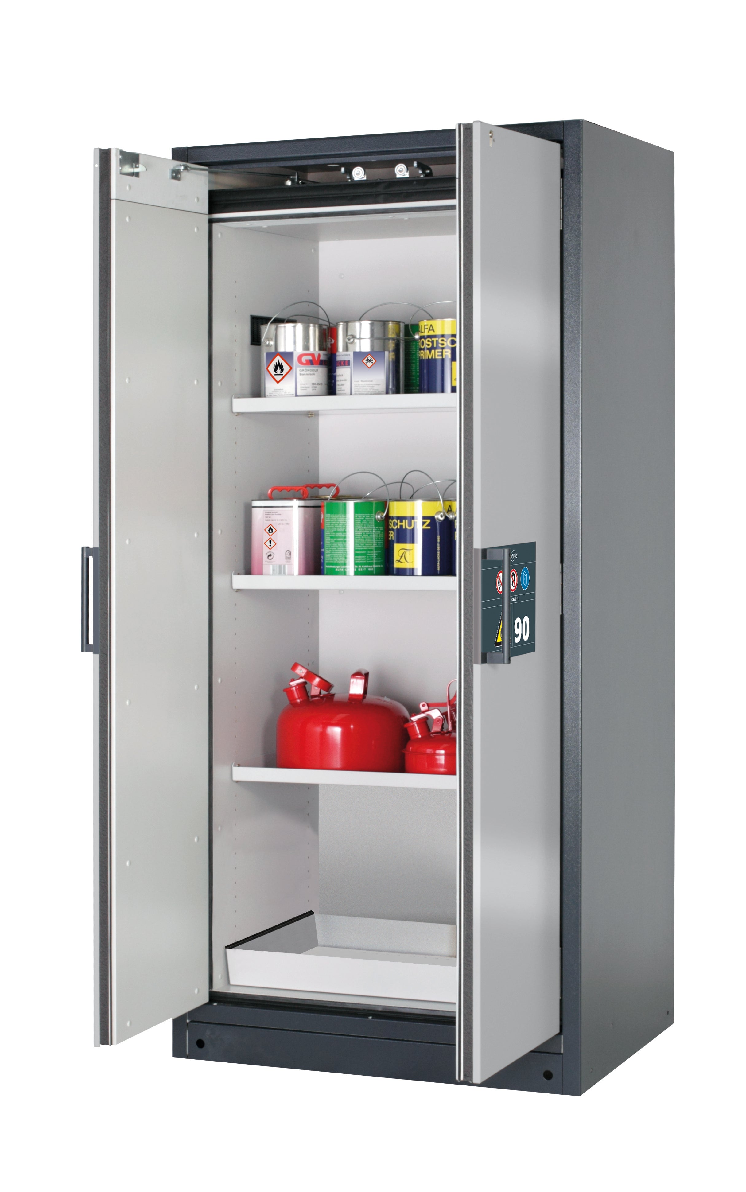 Type 90 safety storage cabinet Q-CLASSIC-90 model Q90.195.090 in asecos silver with 3x shelf standard (sheet steel),