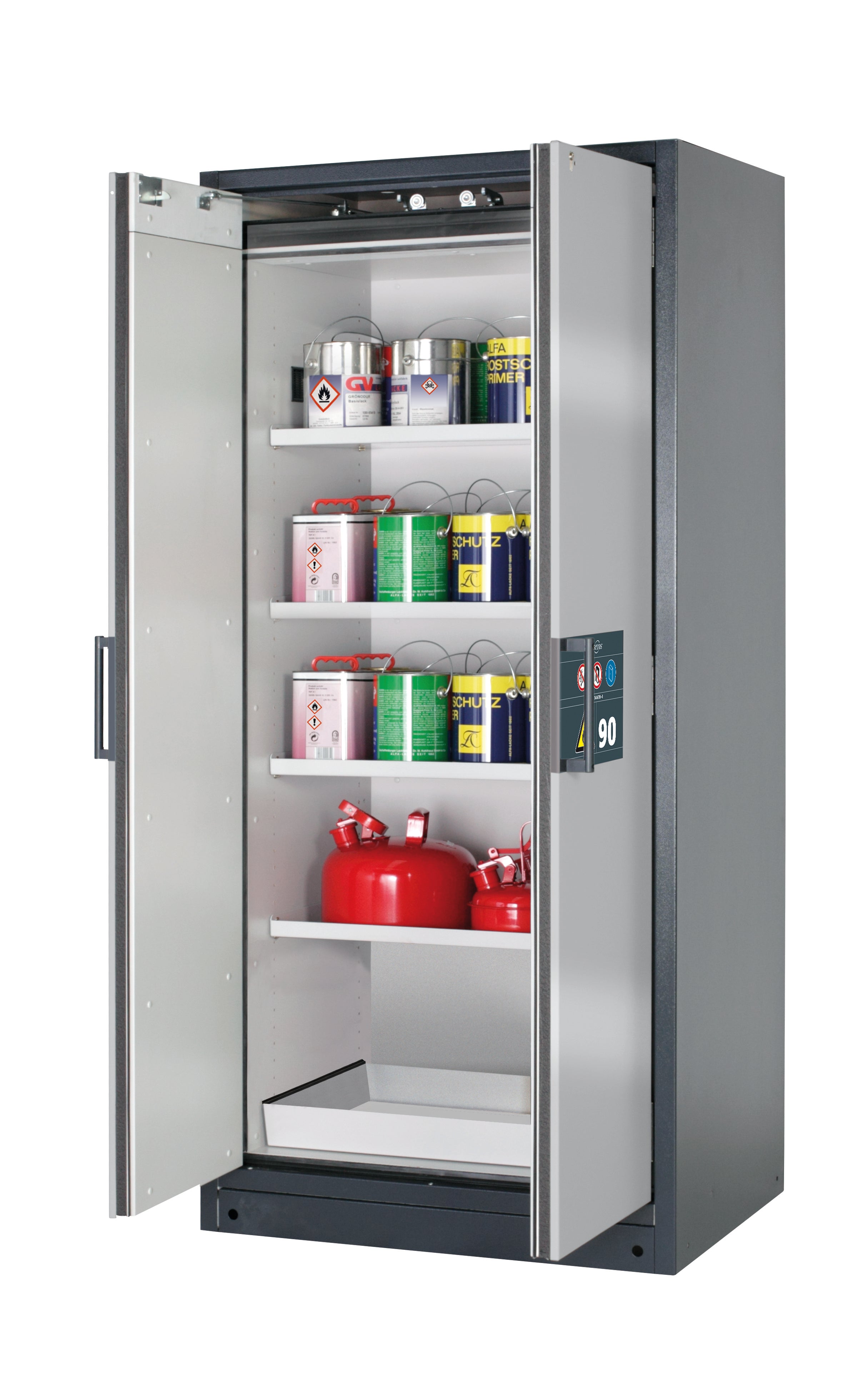 Type 90 safety storage cabinet Q-CLASSIC-90 model Q90.195.090 in asecos silver with 4x shelf standard (sheet steel),