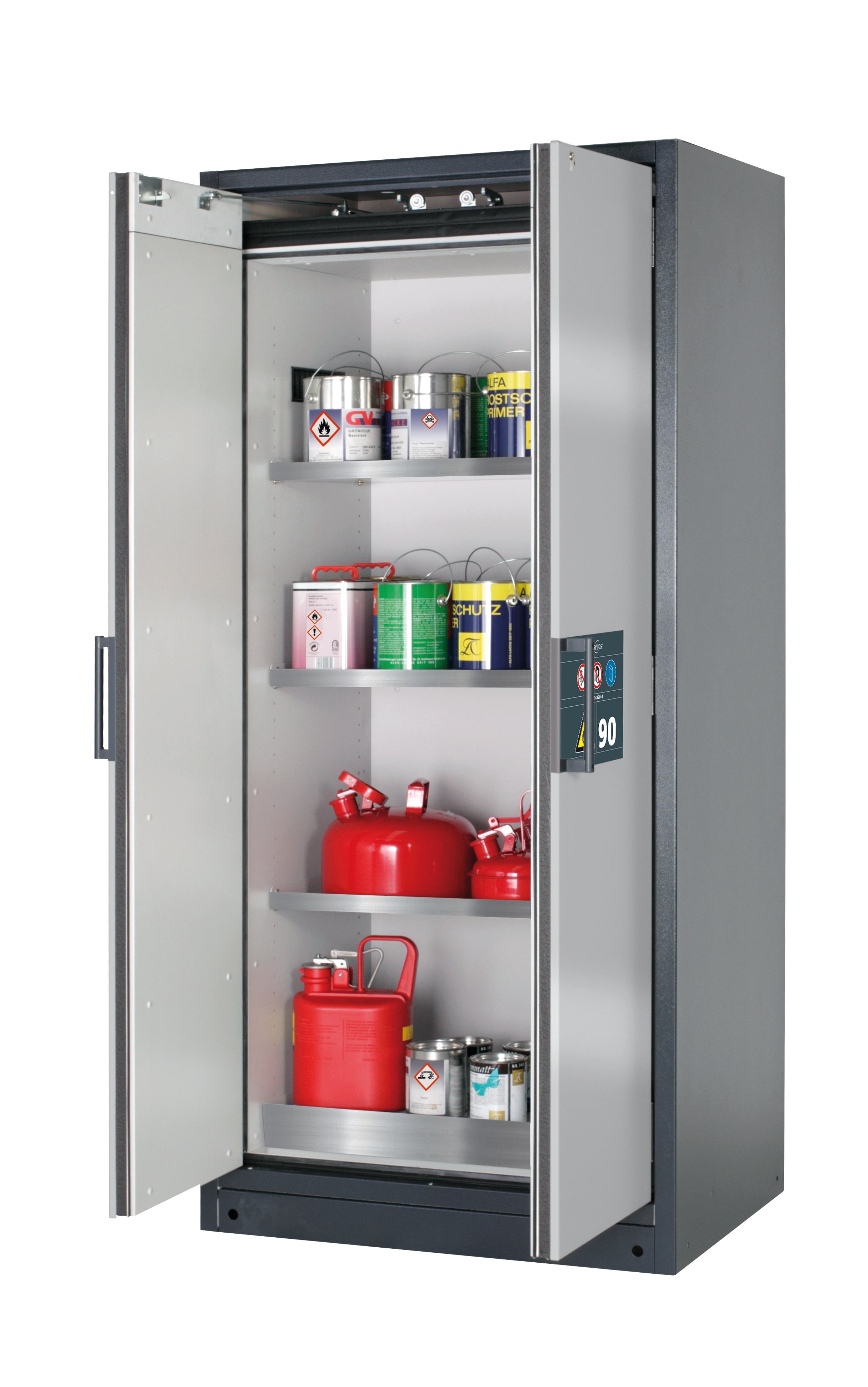 Type 90 safety storage cabinet Q-CLASSIC-90 model Q90.195.090 in asecos silver with 3x shelf standard (stainless steel 1.4301),