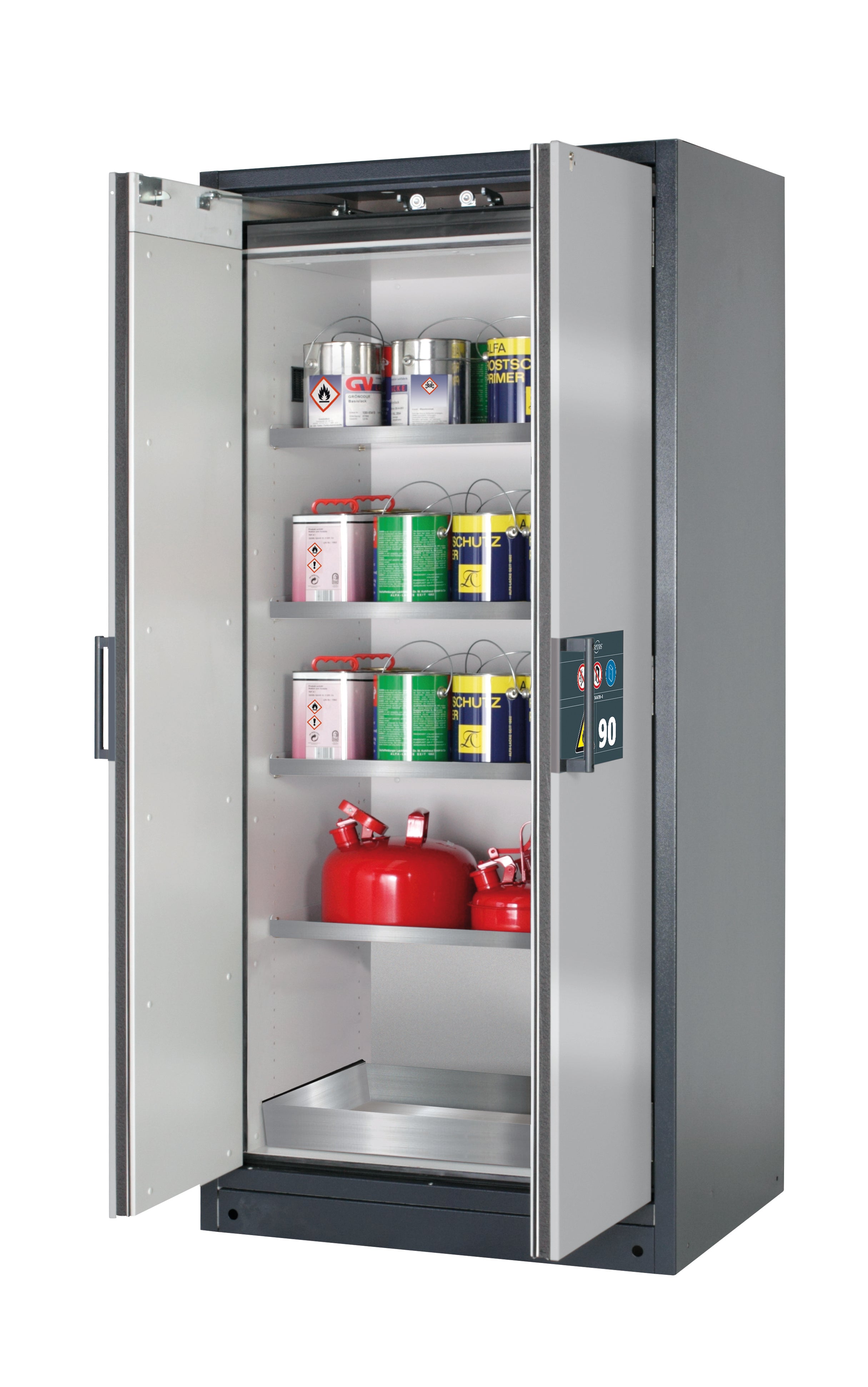 Type 90 safety storage cabinet Q-CLASSIC-90 model Q90.195.090 in asecos silver with 4x shelf standard (stainless steel 1.4301),