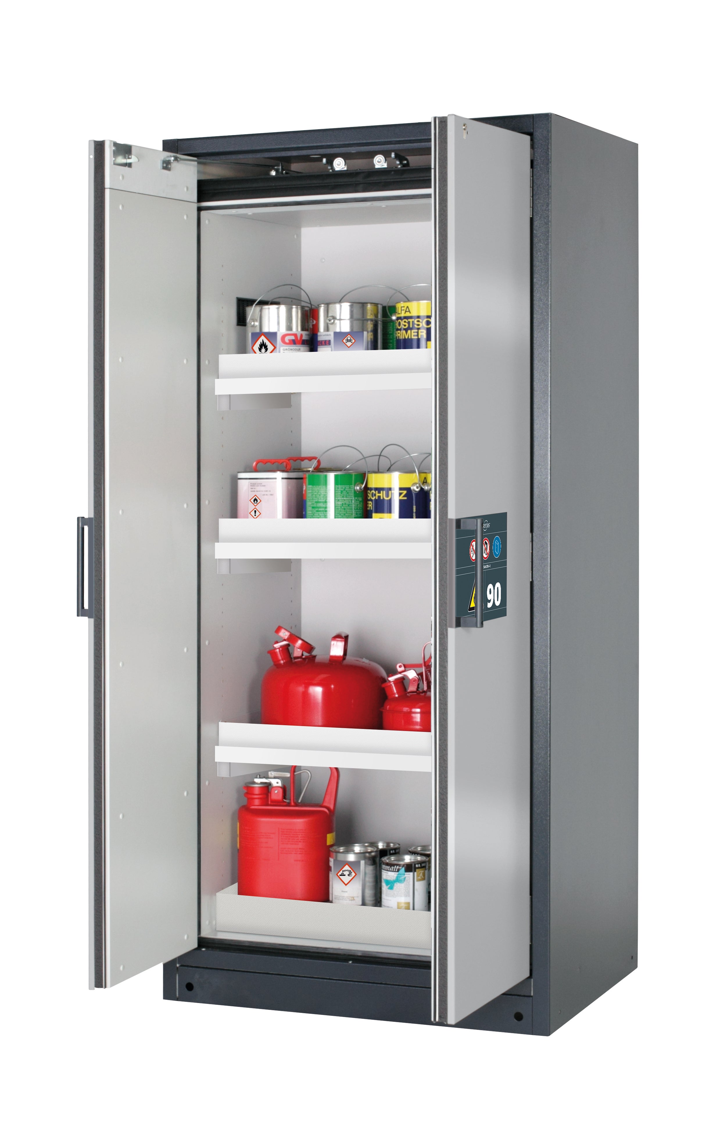 Type 90 safety storage cabinet Q-CLASSIC-90 model Q90.195.090 in asecos silver with 3x tray shelf (standard) (polypropylene),
