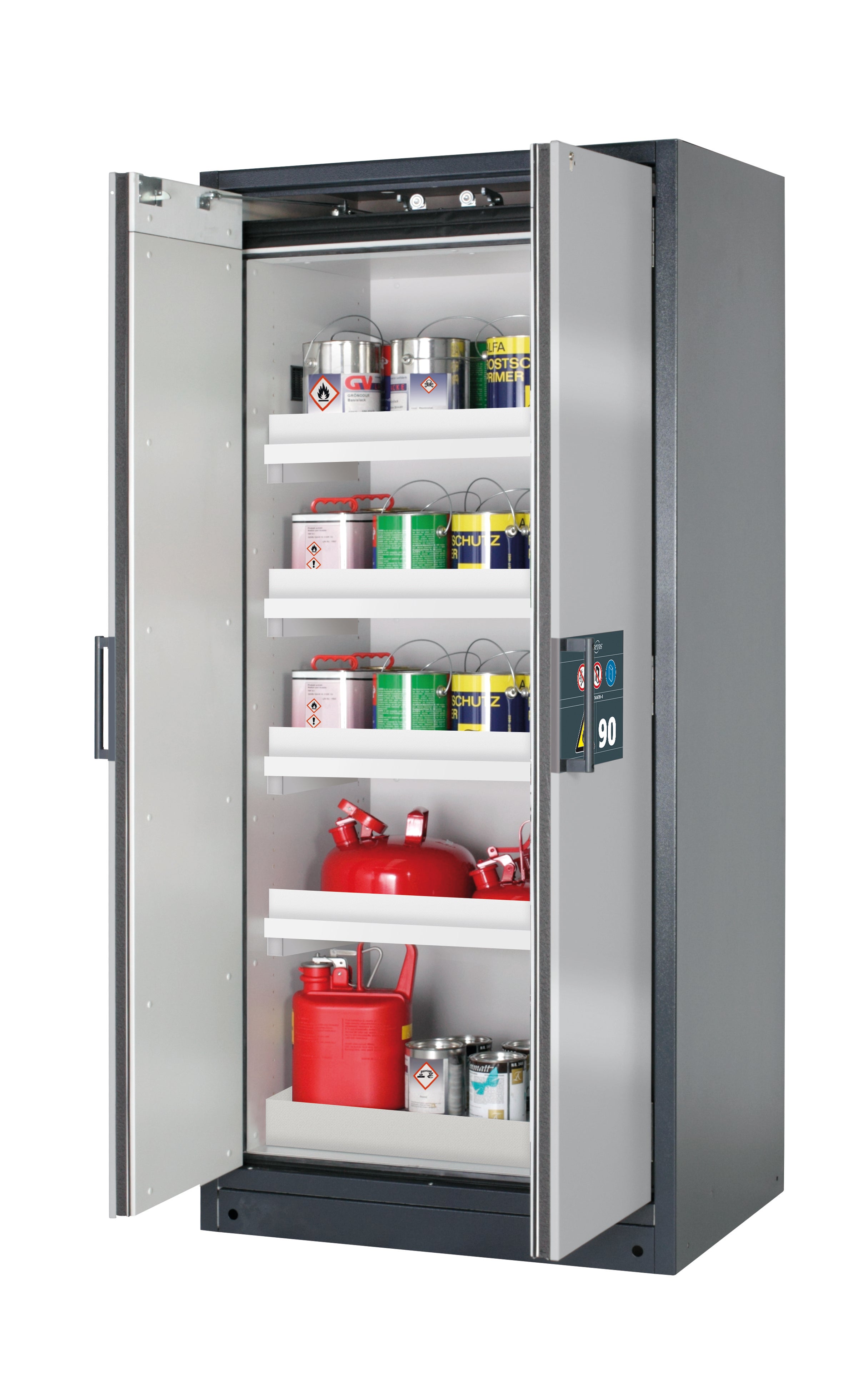 Type 90 safety storage cabinet Q-CLASSIC-90 model Q90.195.090 in asecos silver with 4x tray shelf (standard) (polypropylene),
