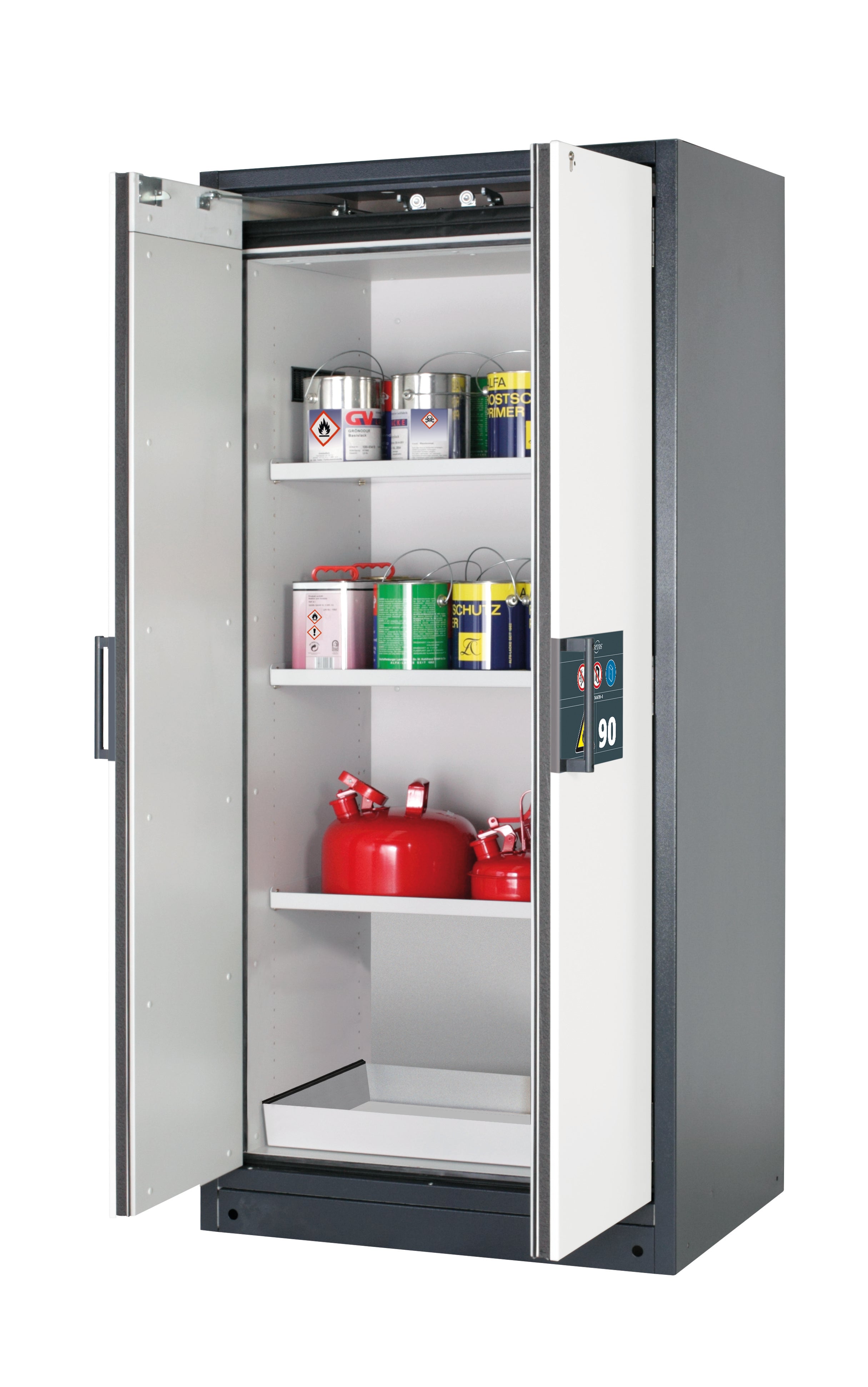 Type 90 safety storage cabinet Q-CLASSIC-90 model Q90.195.090 in pure white RAL 9010 with 3x shelf standard (sheet steel),