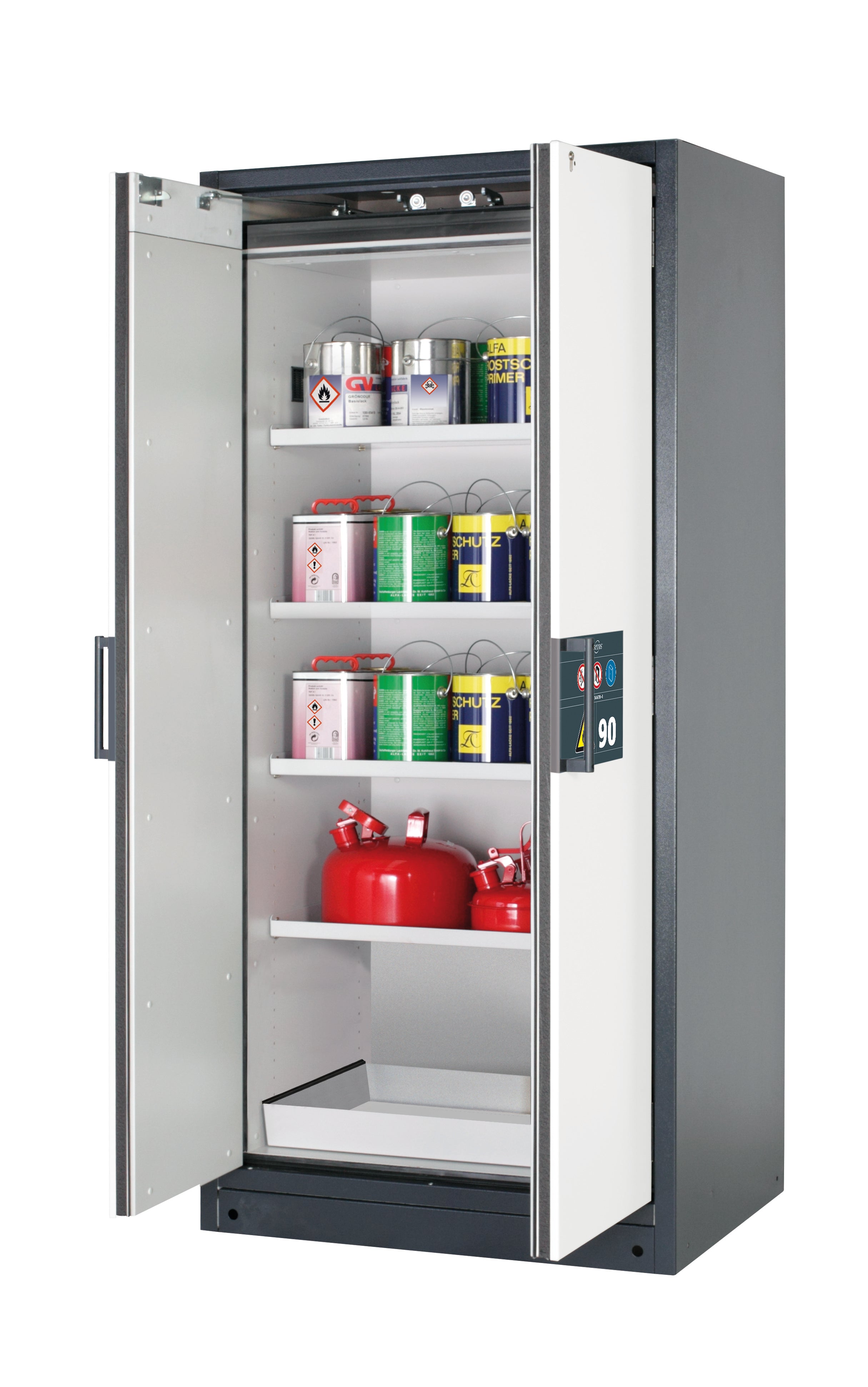 Type 90 safety storage cabinet Q-CLASSIC-90 model Q90.195.090 in pure white RAL 9010 with 4x shelf standard (sheet steel),