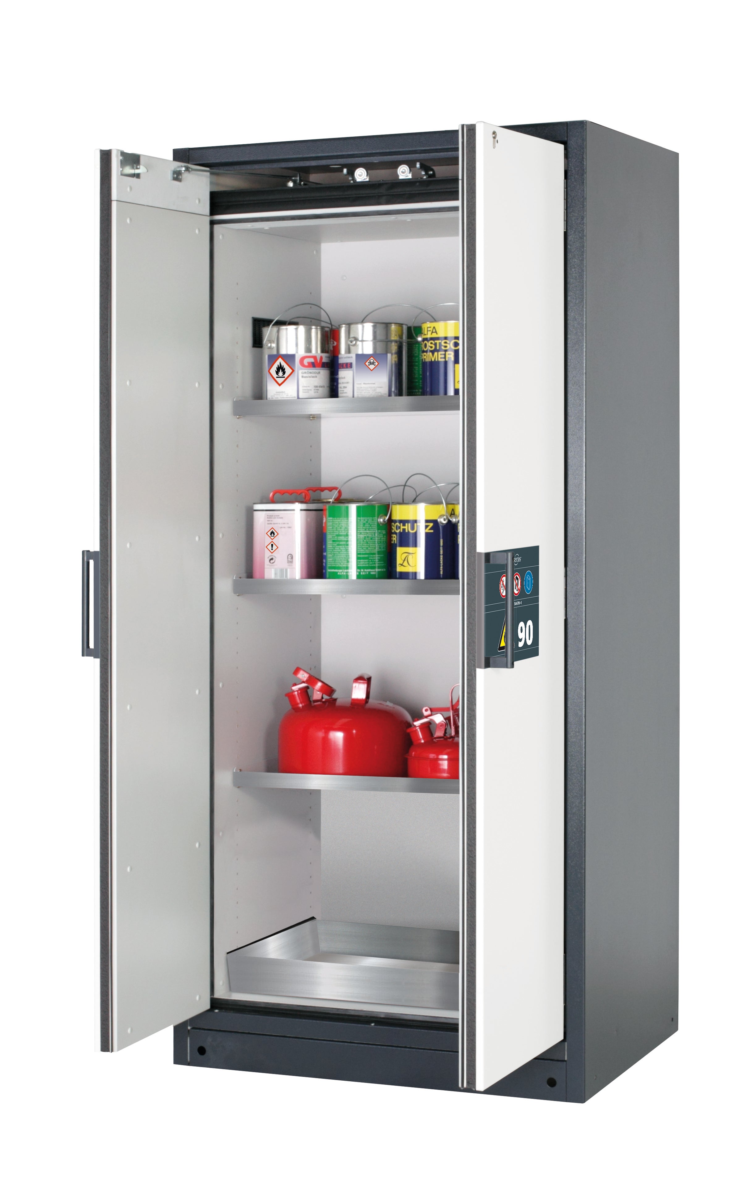 Type 90 safety storage cabinet Q-CLASSIC-90 model Q90.195.090 in pure white RAL 9010 with 3x shelf standard (stainless steel 1.4301),