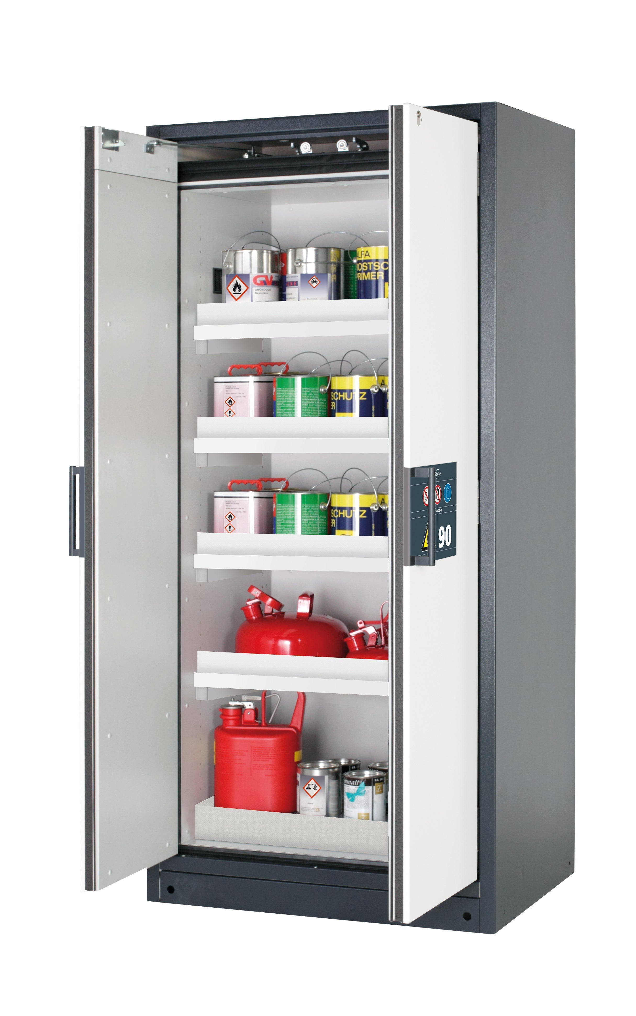 Type 90 safety storage cabinet Q-CLASSIC-90 model Q90.195.090 in pure white RAL 9010 with 4x tray shelf (standard) (polypropylene),