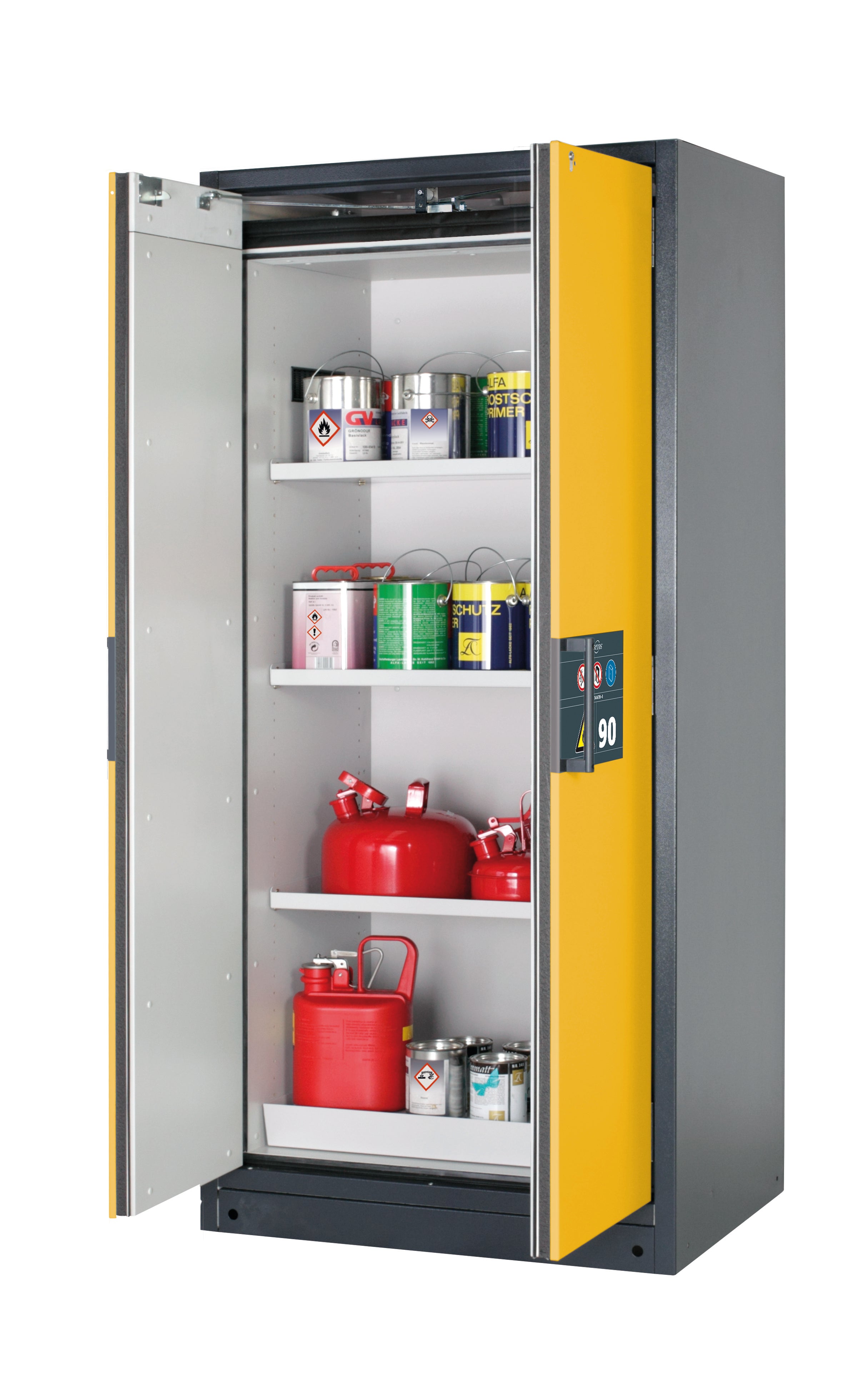 Type 90 safety storage cabinet Q-PEGASUS-90 model Q90.195.090.WDAC in warning yellow RAL 1004 with 3x shelf standard (sheet steel),