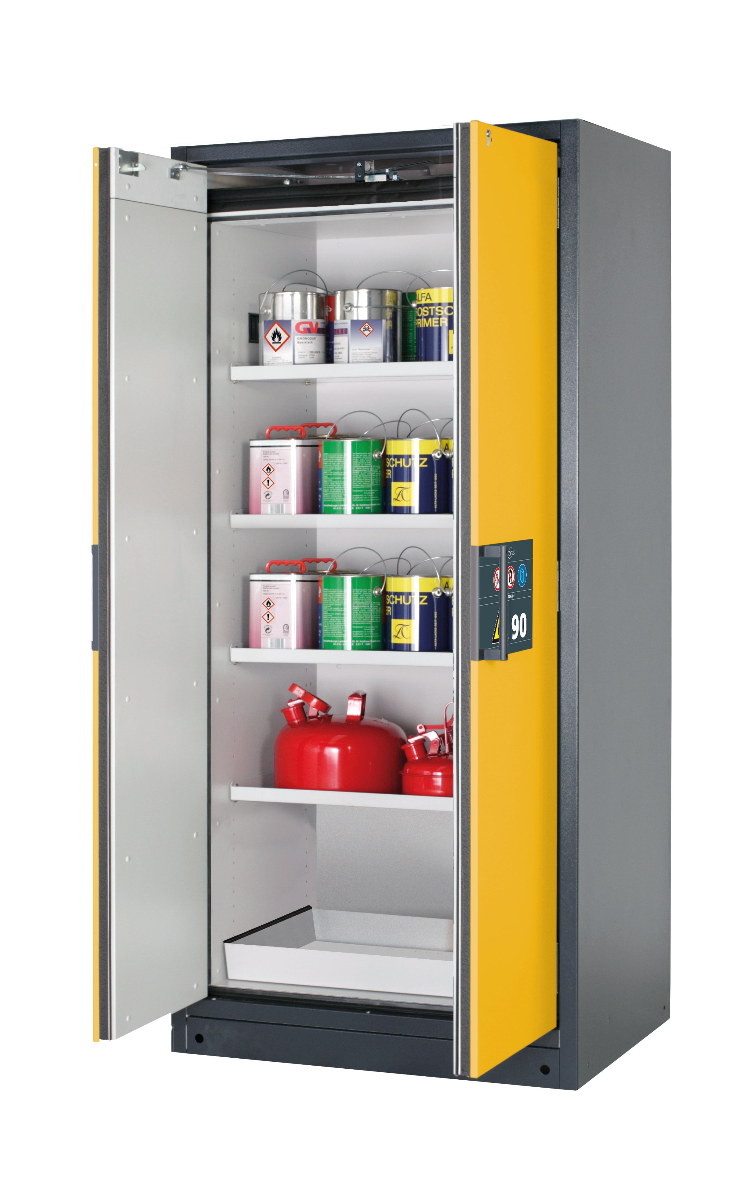 Type 90 safety storage cabinet Q-PEGASUS-90 model Q90.195.090.WDAC in warning yellow RAL 1004 with 4x shelf standard (sheet steel),