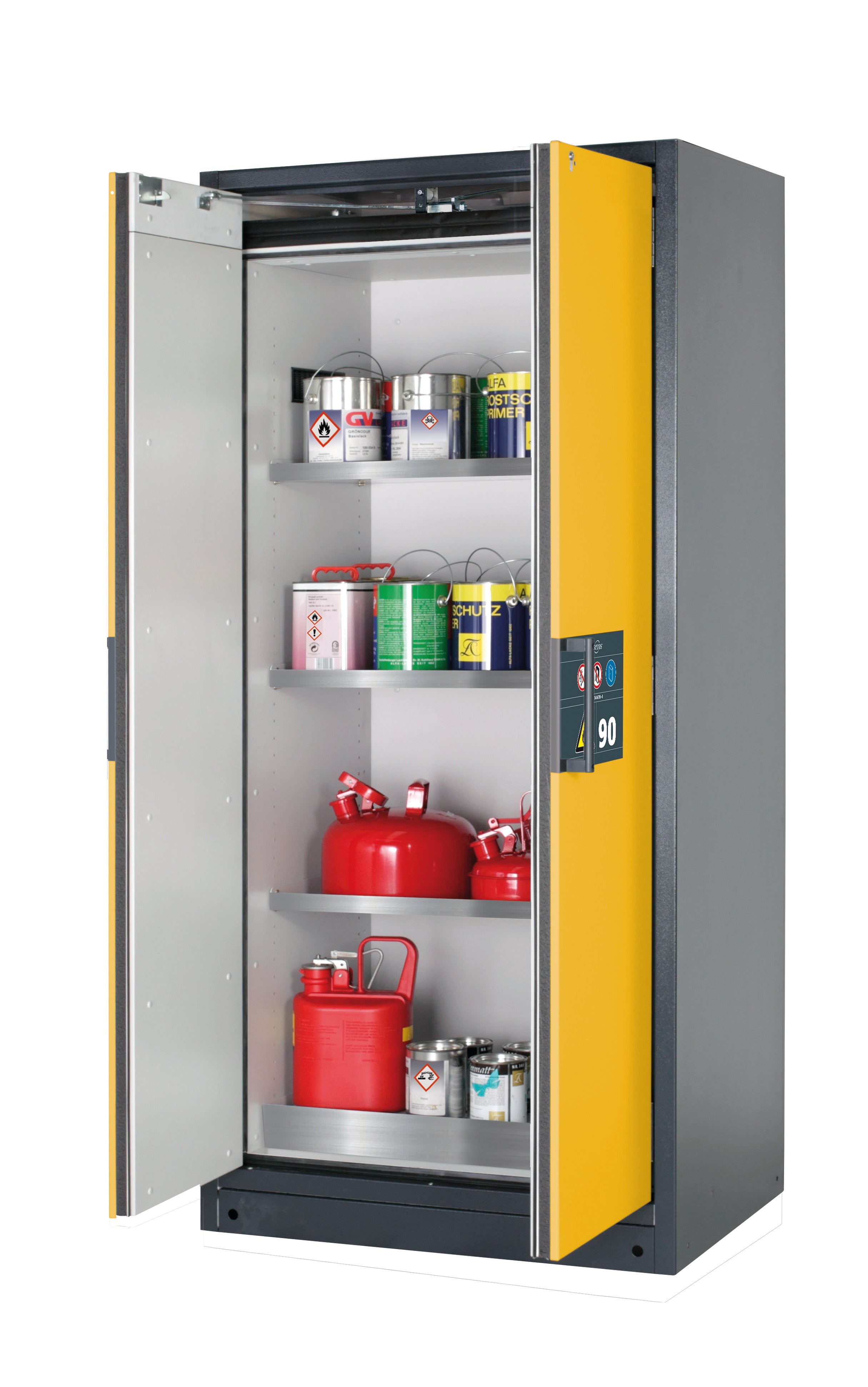 Type 90 safety storage cabinet Q-PEGASUS-90 model Q90.195.090.WDAC in warning yellow RAL 1004 with 3x shelf standard (stainless steel 1.4301),