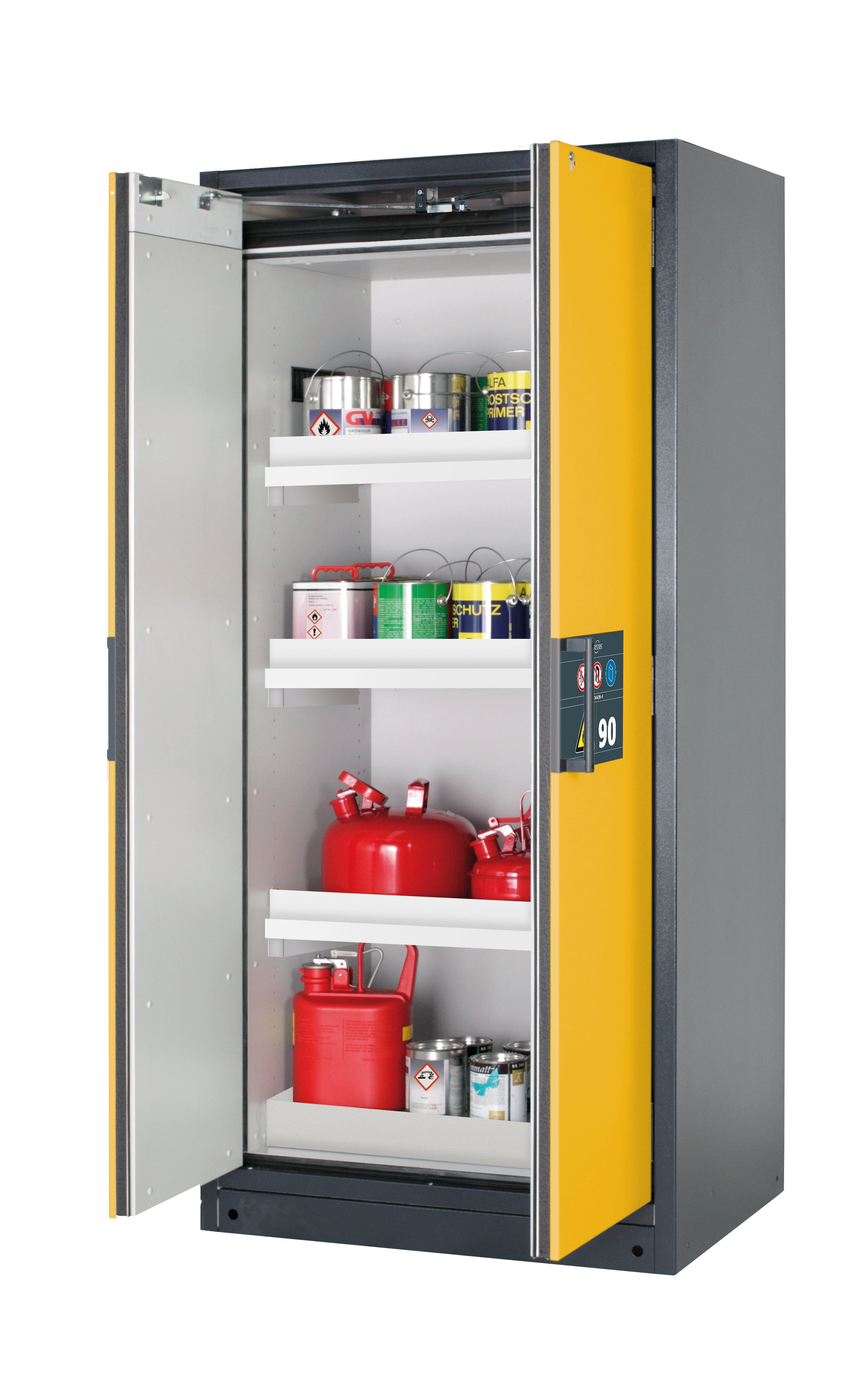Type 90 safety storage cabinet Q-PEGASUS-90 model Q90.195.090.WDAC in warning yellow RAL 1004 with 3x tray shelf (standard) (polypropylene),