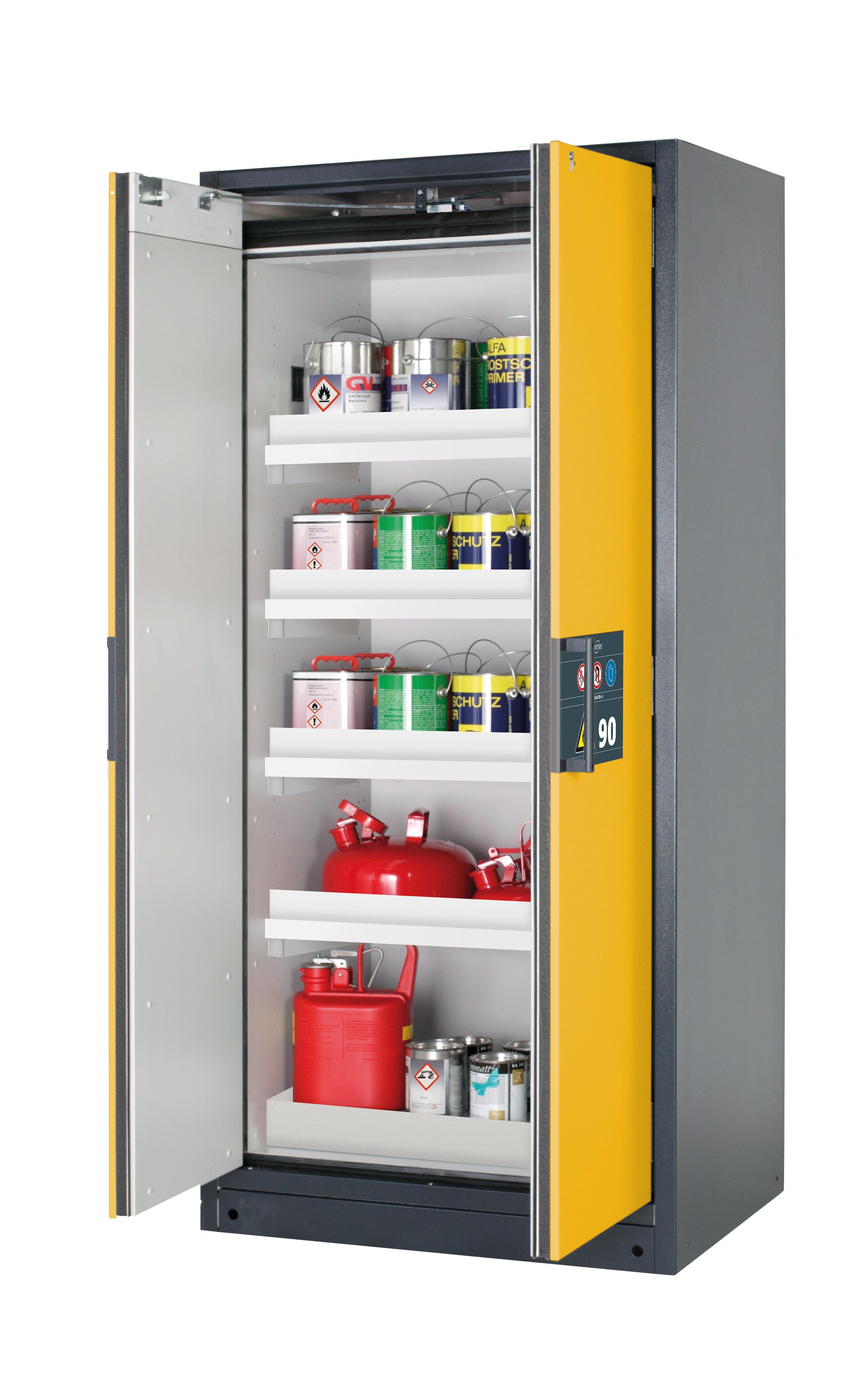 Type 90 safety storage cabinet Q-PEGASUS-90 model Q90.195.090.WDAC in warning yellow RAL 1004 with 4x tray shelf (standard) (polypropylene),