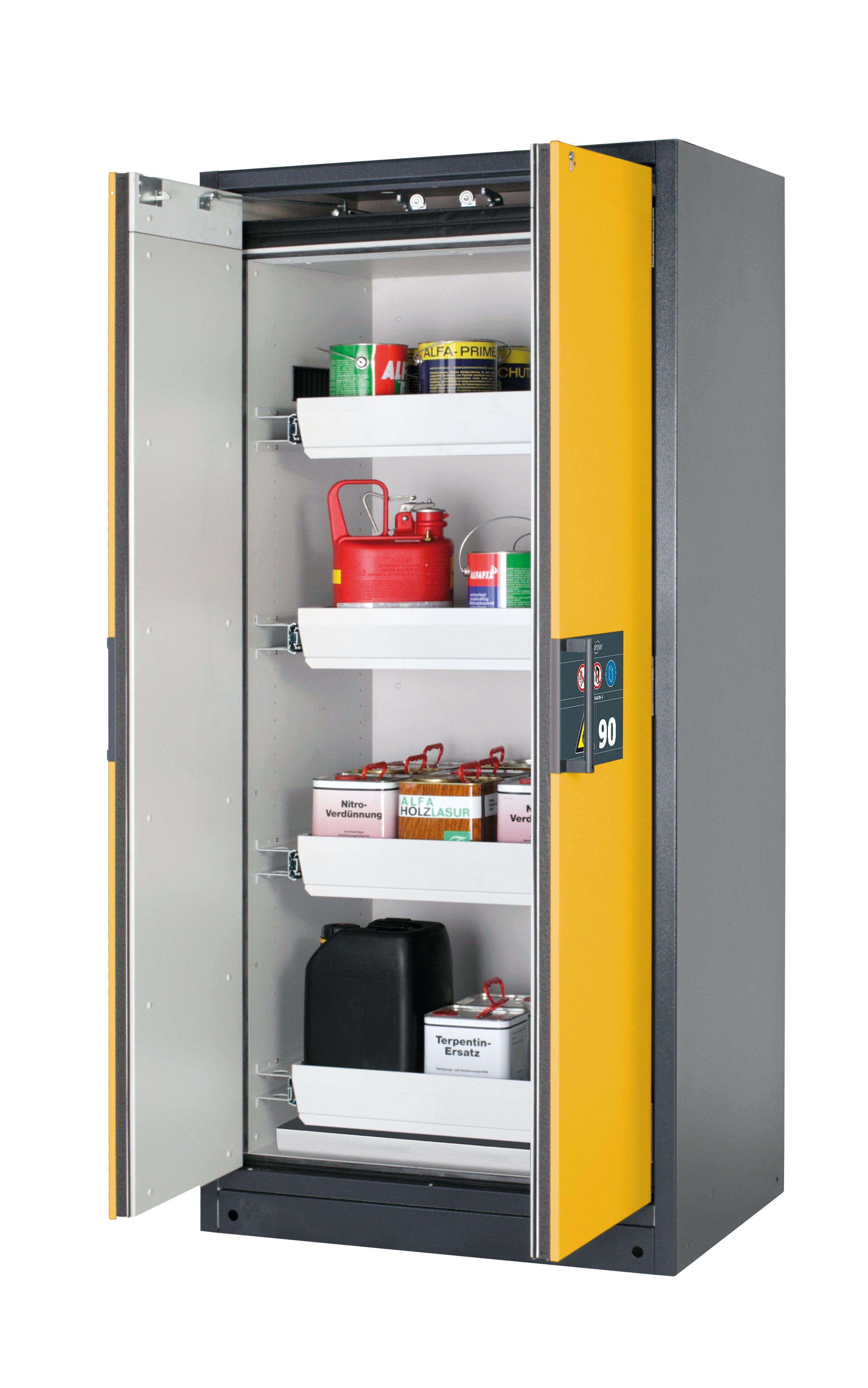 Type 90 safety storage cabinet Q-PEGASUS-90 model Q90.195.090.WDAC in warning yellow RAL 1004 with 4x drawer (standard) (sheet steel),