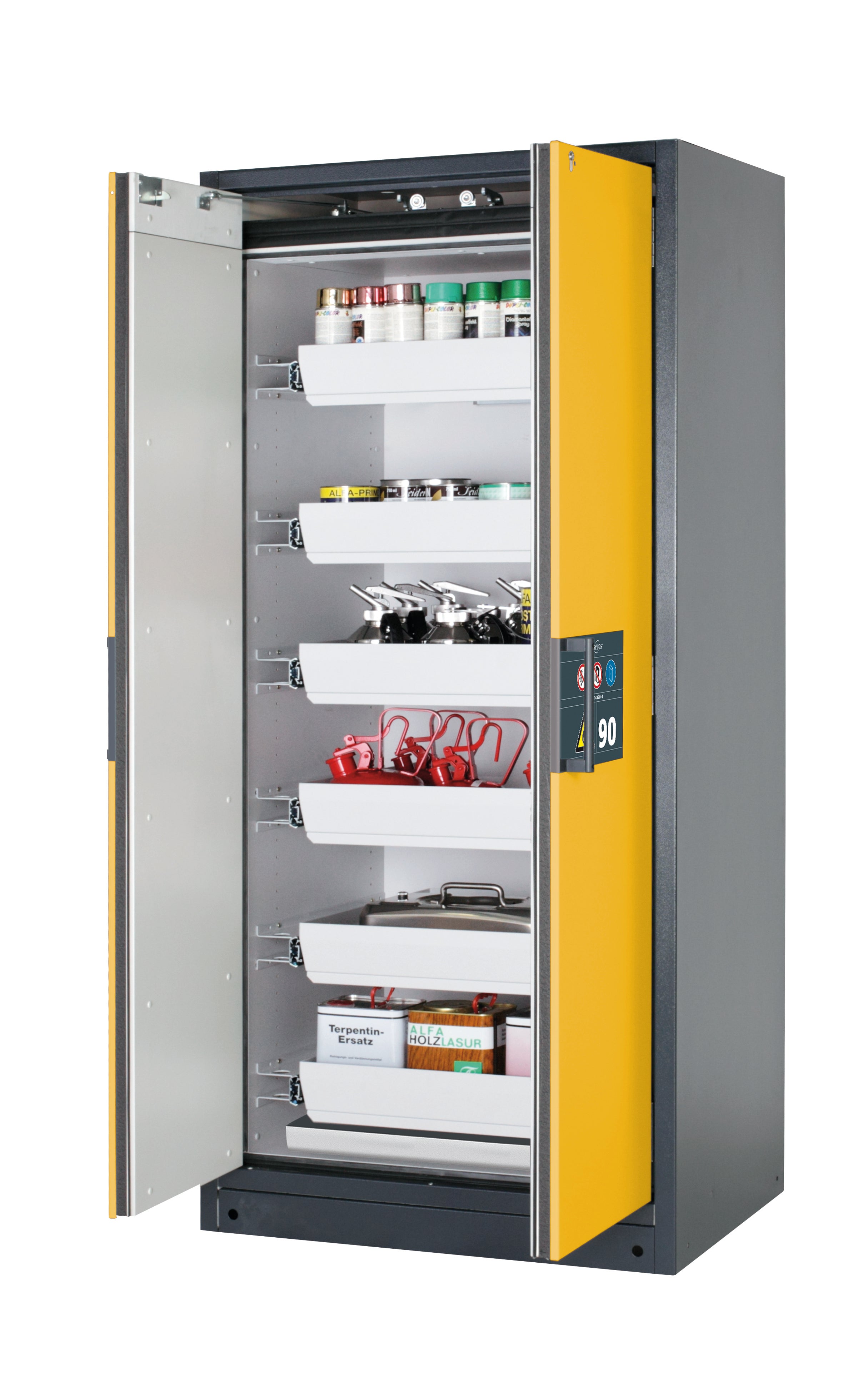 Type 90 safety storage cabinet Q-PEGASUS-90 model Q90.195.090.WDAC in warning yellow RAL 1004 with 6x drawer (standard) (sheet steel),