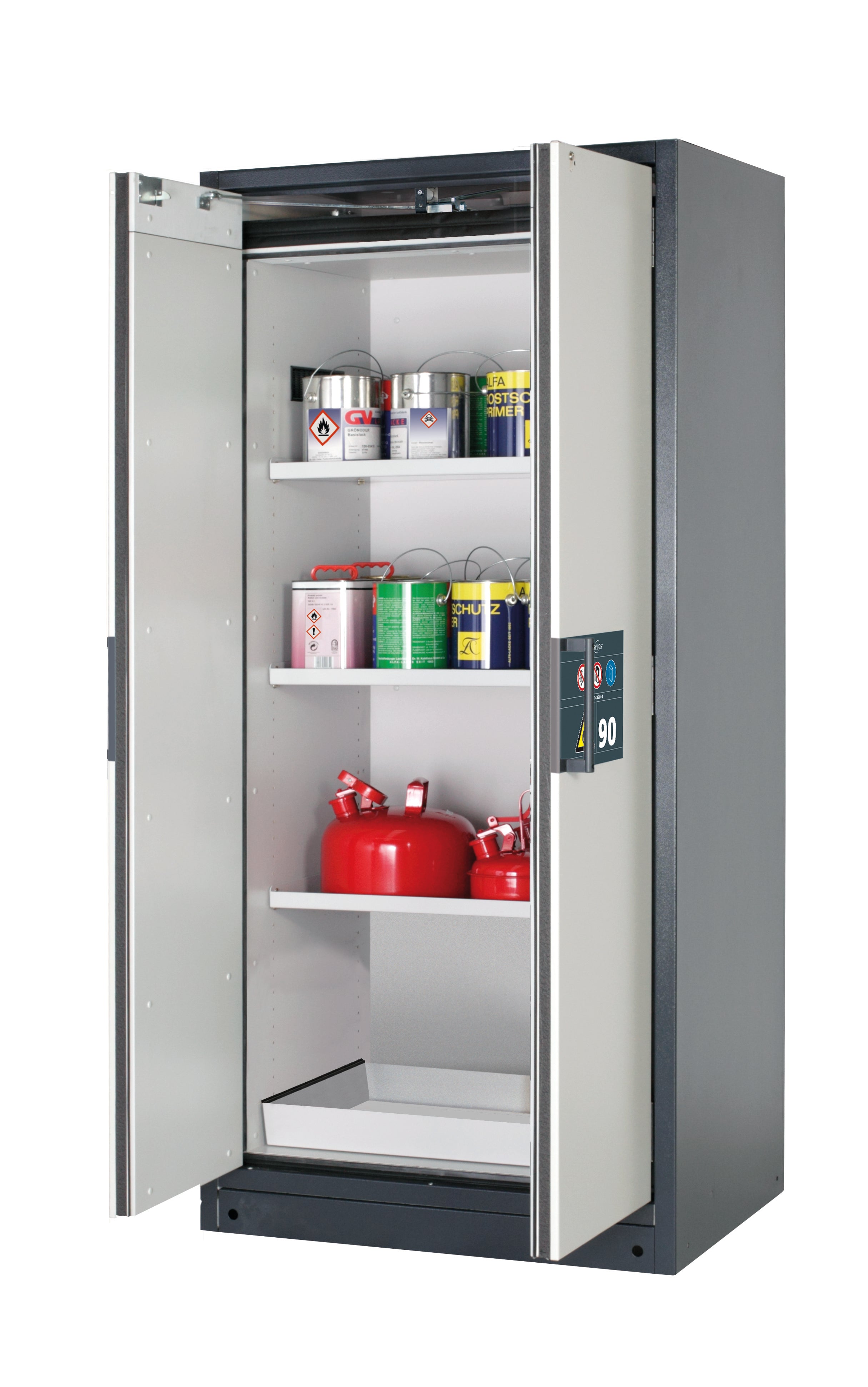 Type 90 safety storage cabinet Q-PEGASUS-90 model Q90.195.090.WDAC in light grey RAL 7035 with 3x shelf standard (sheet steel),