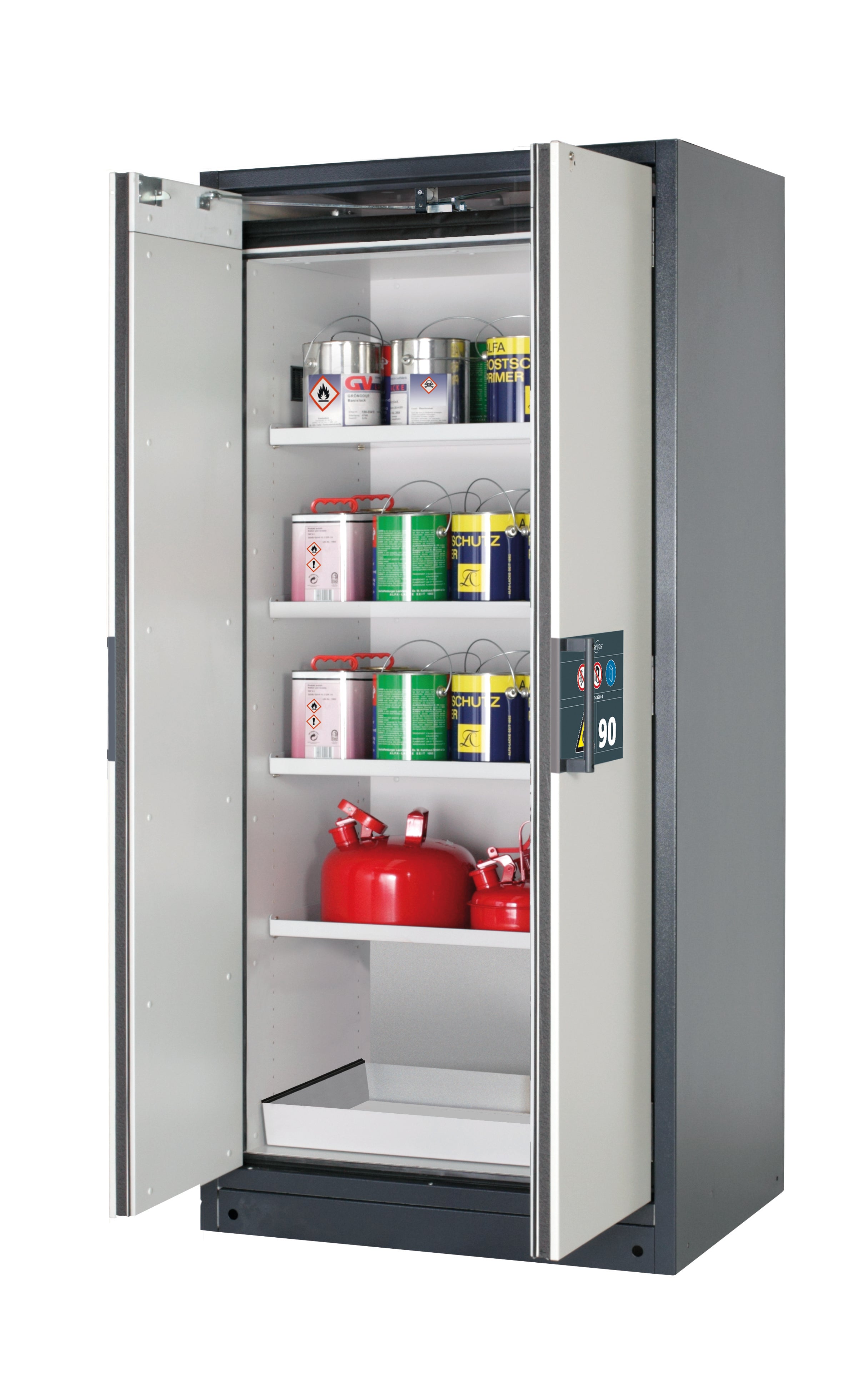 Type 90 safety storage cabinet Q-PEGASUS-90 model Q90.195.090.WDAC in light grey RAL 7035 with 4x shelf standard (sheet steel),
