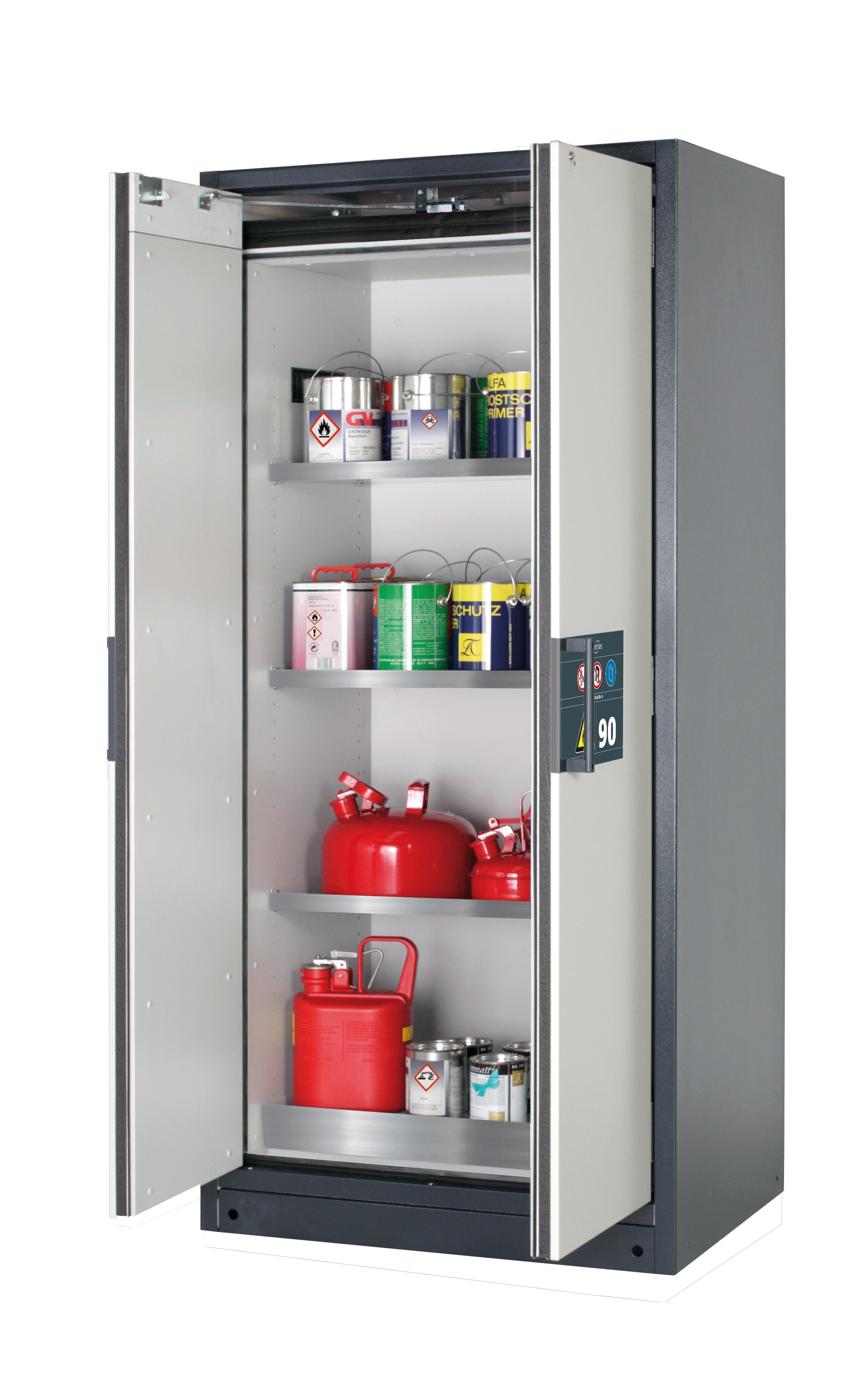 Type 90 safety storage cabinet Q-PEGASUS-90 model Q90.195.090.WDAC in light grey RAL 7035 with 3x shelf standard (stainless steel 1.4301),