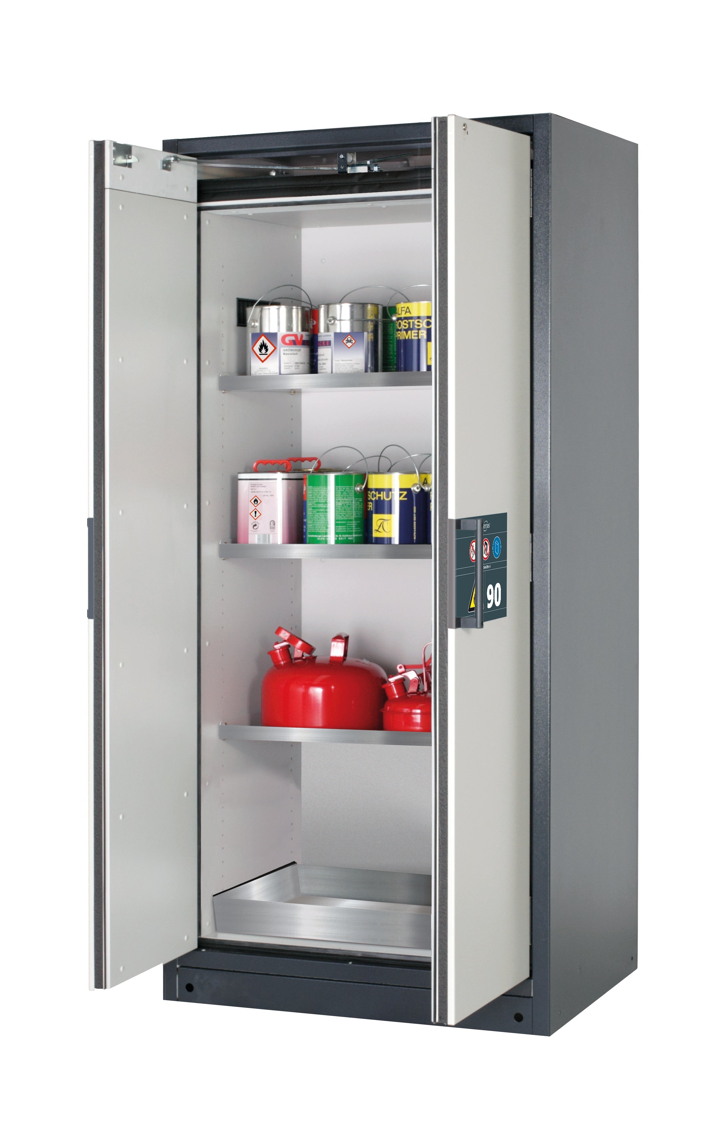 Type 90 safety storage cabinet Q-PEGASUS-90 model Q90.195.090.WDAC in light grey RAL 7035 with 3x shelf standard (stainless steel 1.4301),