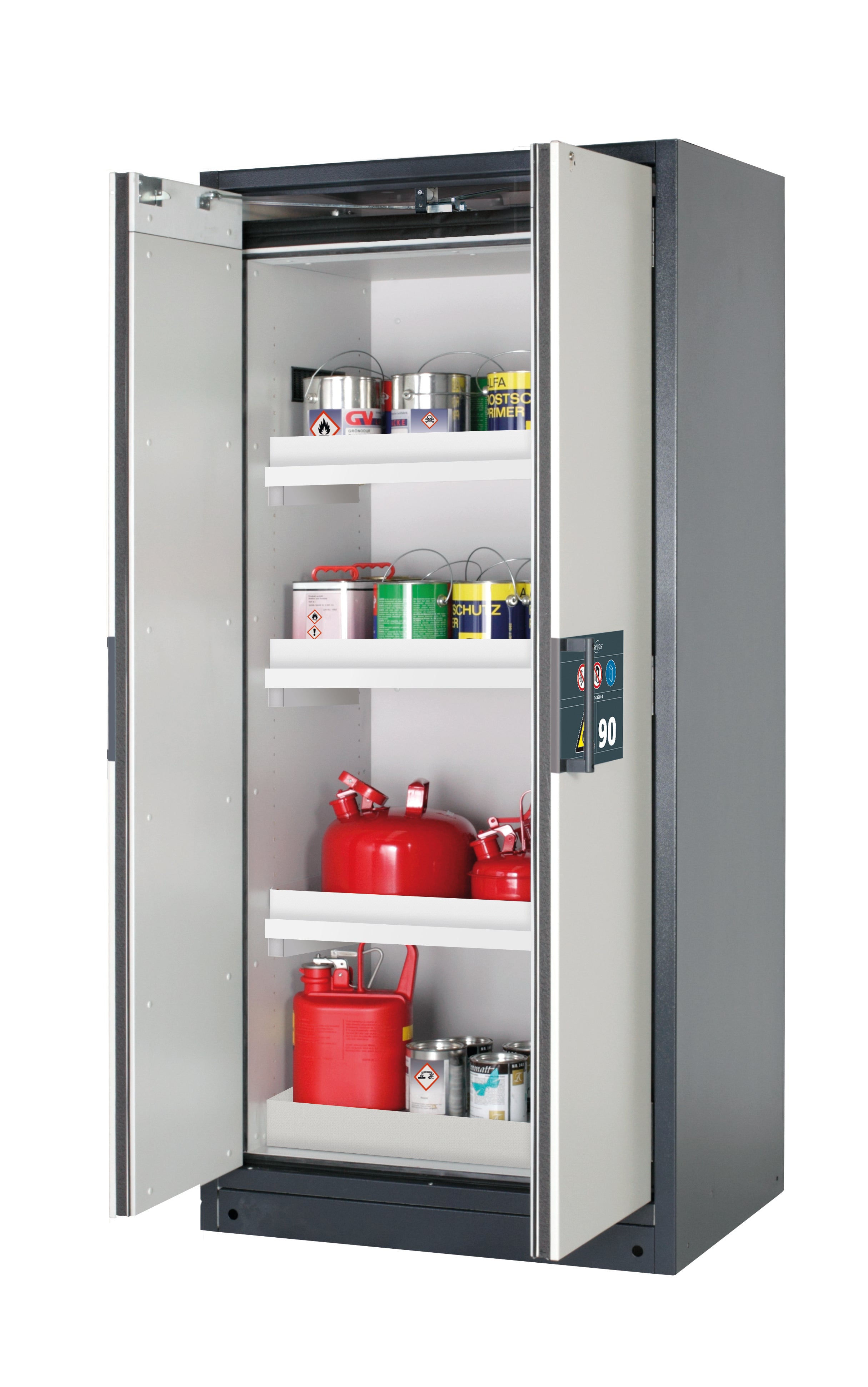Type 90 safety storage cabinet Q-PEGASUS-90 model Q90.195.090.WDAC in light grey RAL 7035 with 3x tray shelf (standard) (polypropylene),