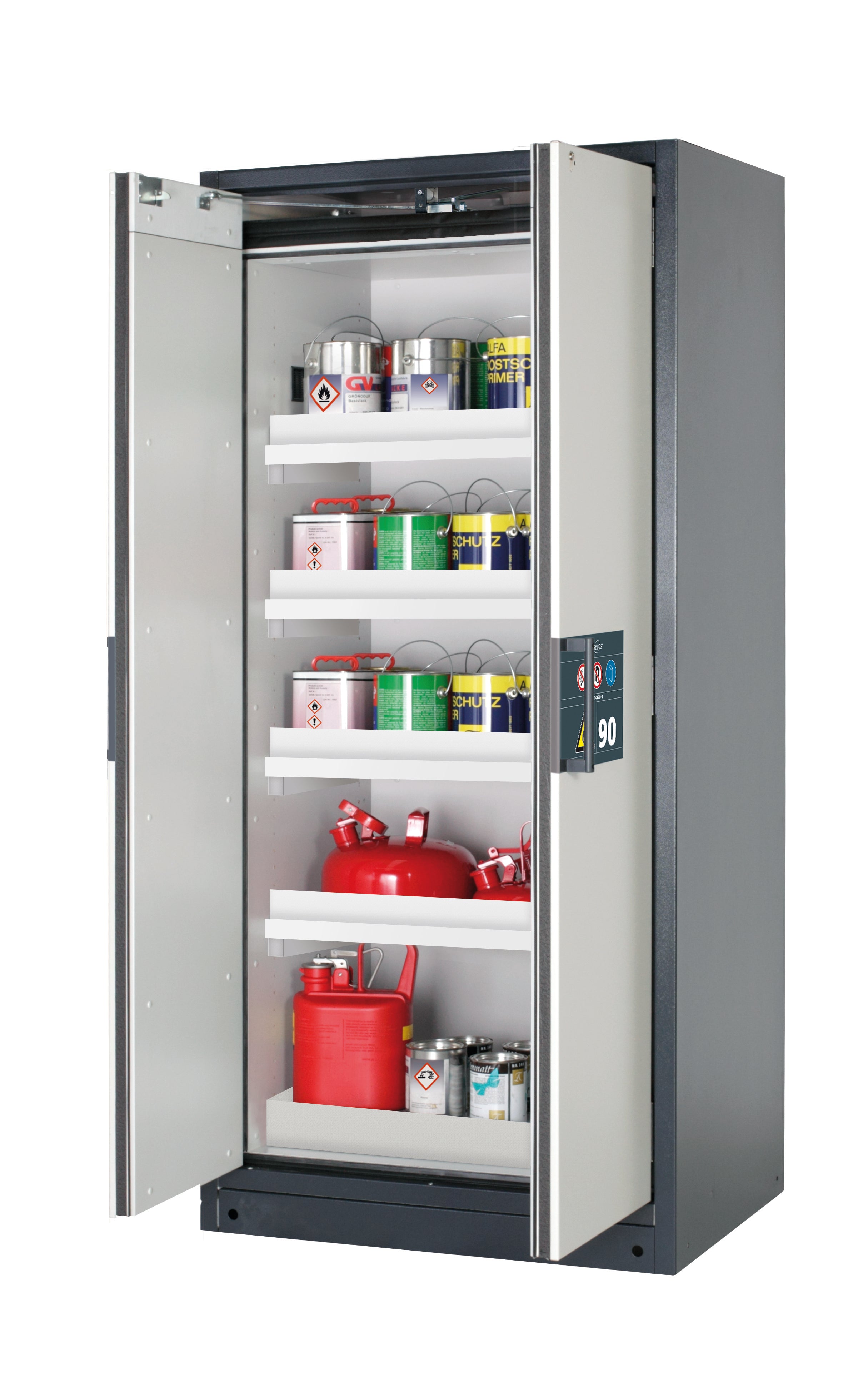 Type 90 safety storage cabinet Q-PEGASUS-90 model Q90.195.090.WDAC in light grey RAL 7035 with 4x tray shelf (standard) (polypropylene),