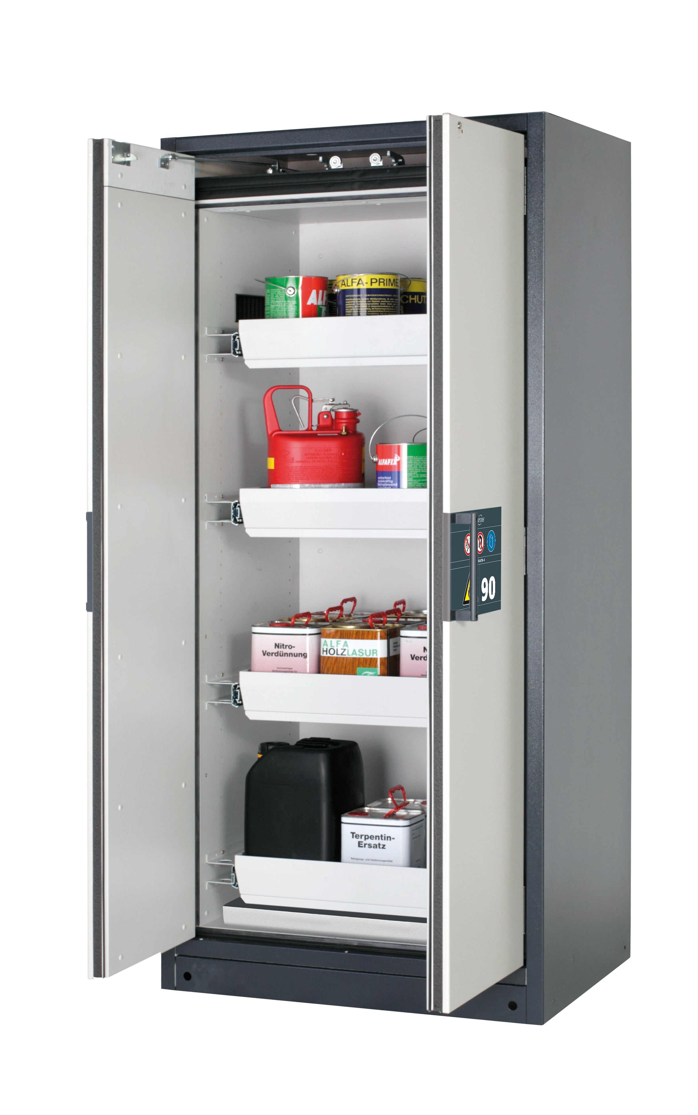 Type 90 safety storage cabinet Q-PEGASUS-90 model Q90.195.090.WDAC in light grey RAL 7035 with 4x drawer (standard) (sheet steel),