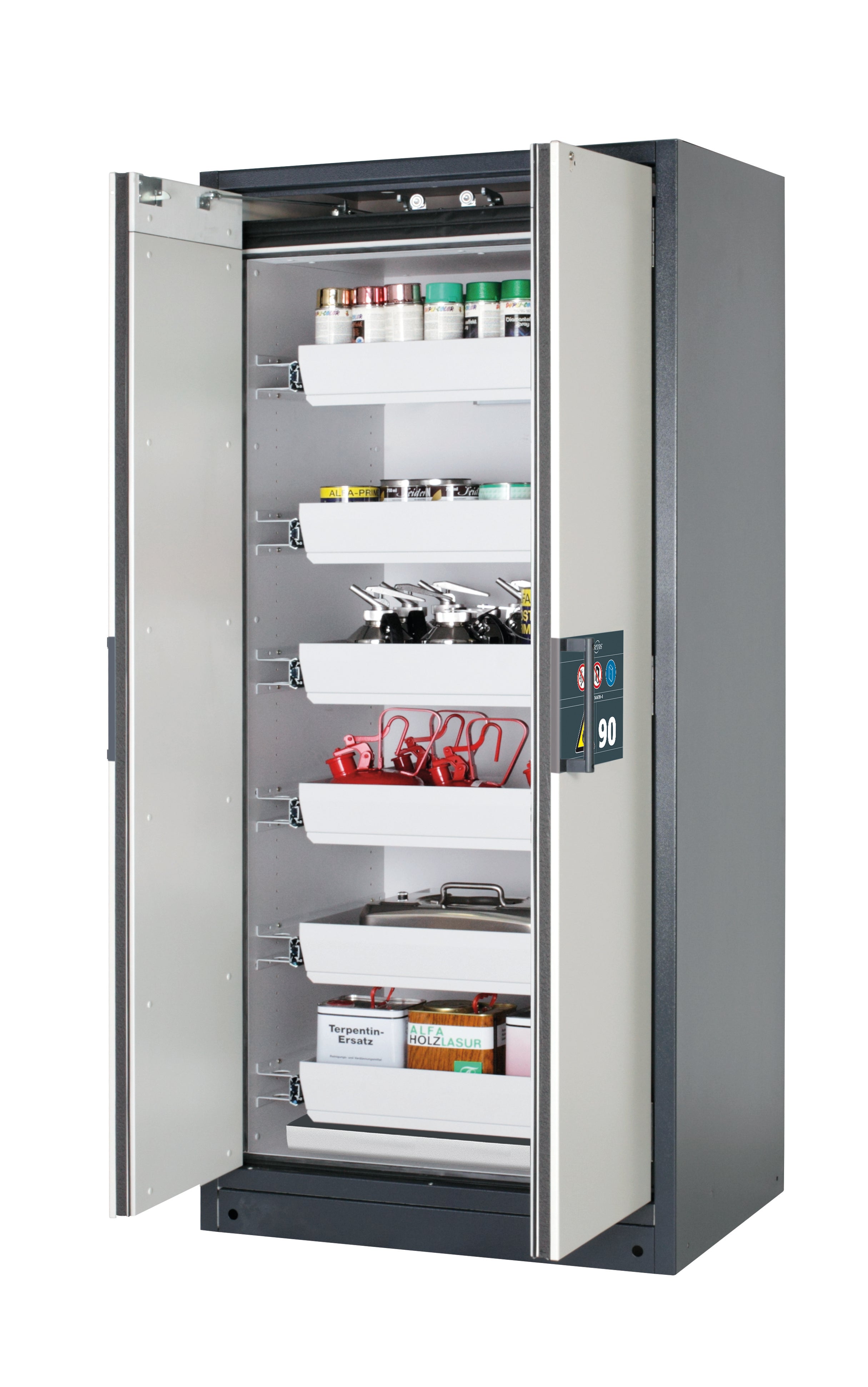 Type 90 safety storage cabinet Q-PEGASUS-90 model Q90.195.090.WDAC in light grey RAL 7035 with 6x drawer (standard) (sheet steel),
