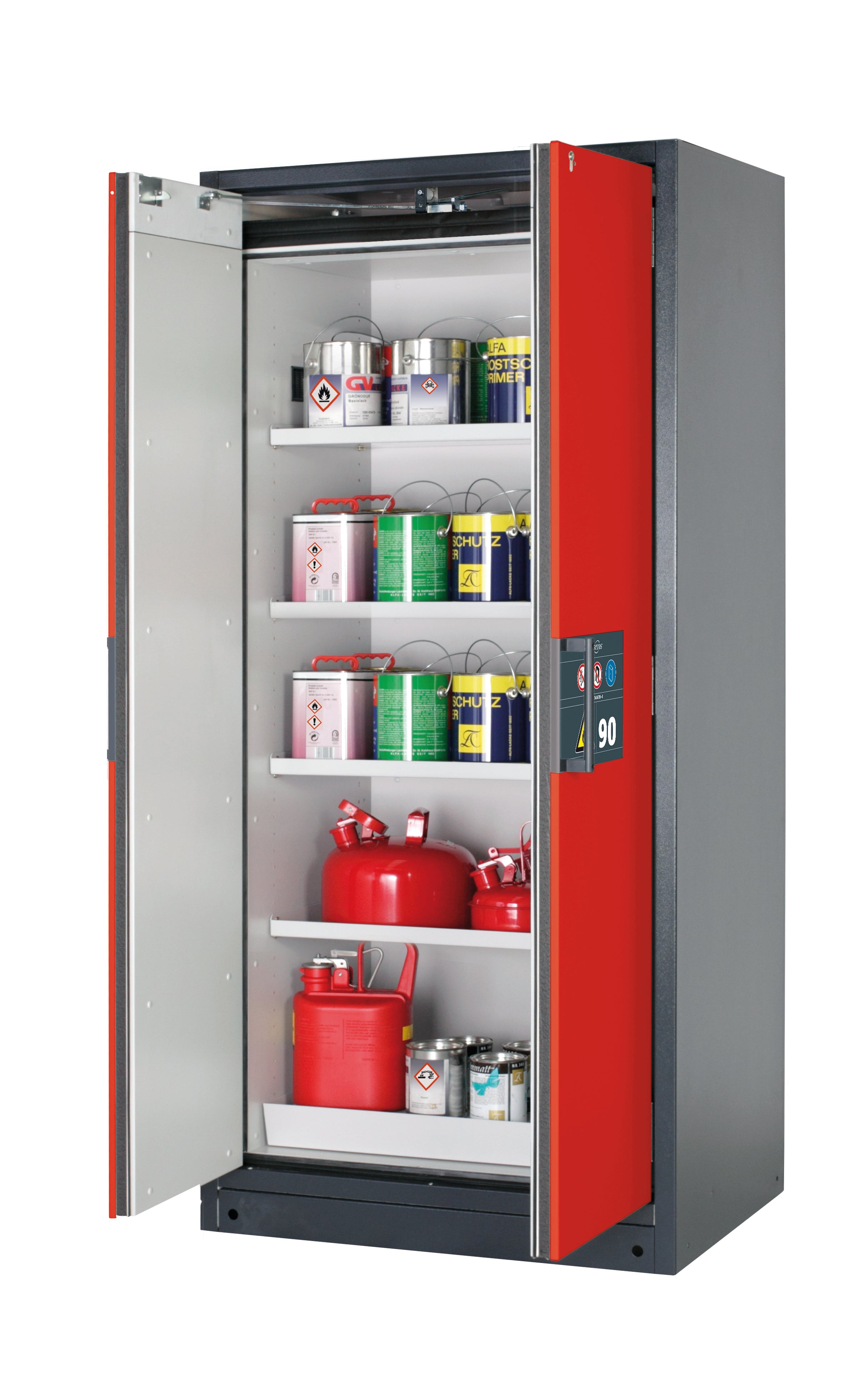 Type 90 safety storage cabinet Q-PEGASUS-90 model Q90.195.090.WDAC in traffic red RAL 3020 with 4x shelf standard (sheet steel),